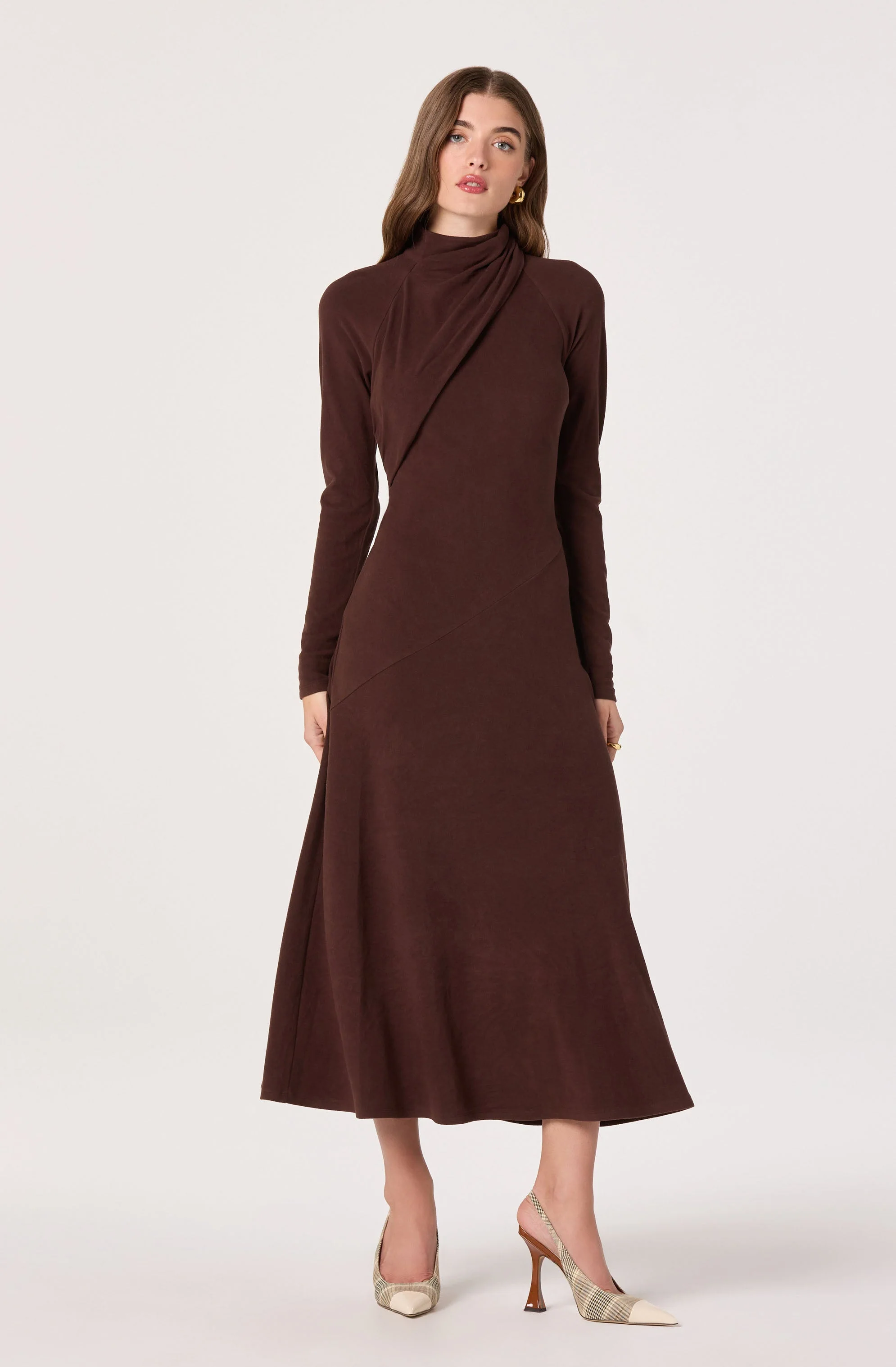 Asymmetric Draped Mock Neck Dress