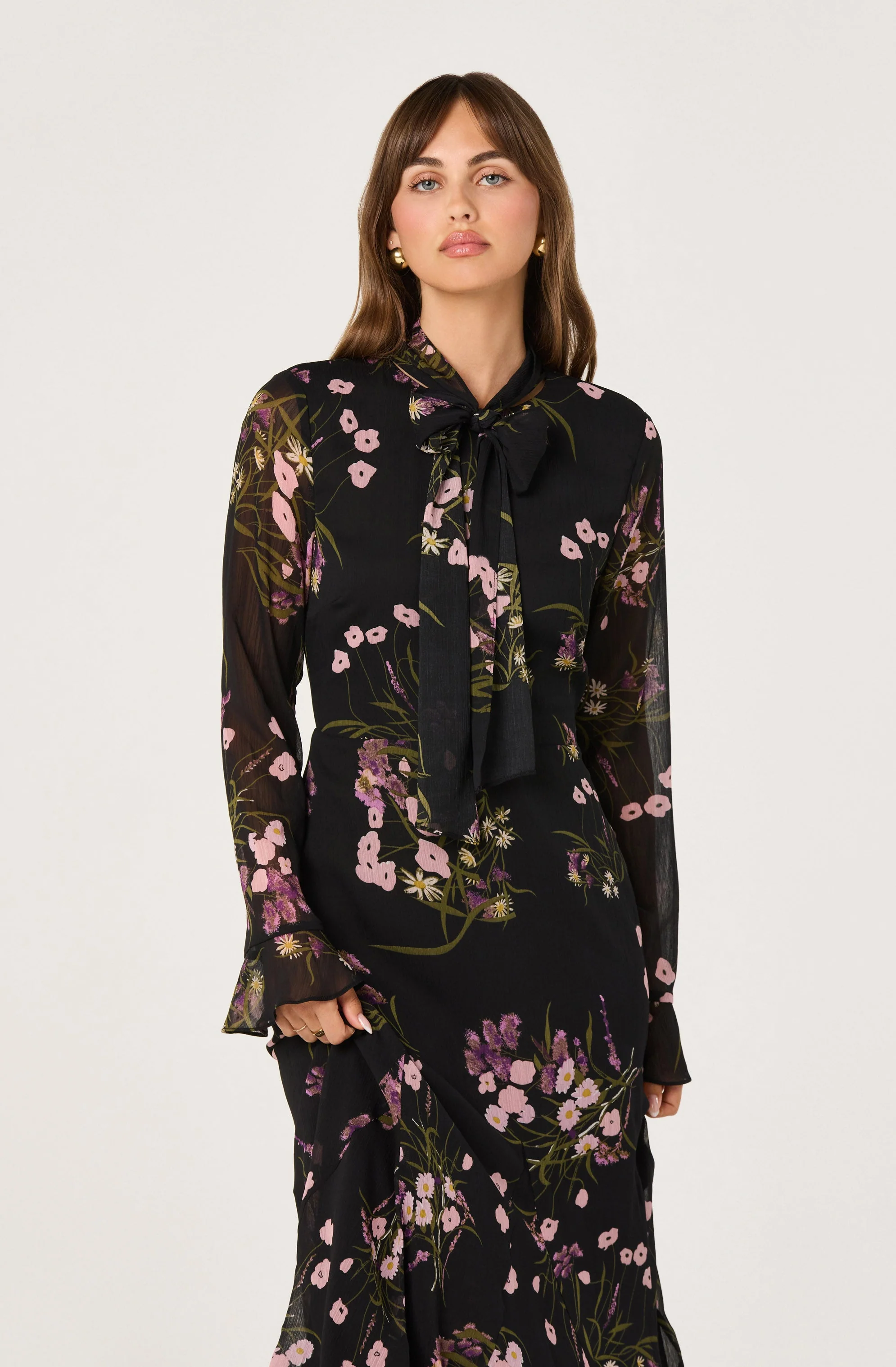Tie-Neck Ruffled Floral Midi Dress