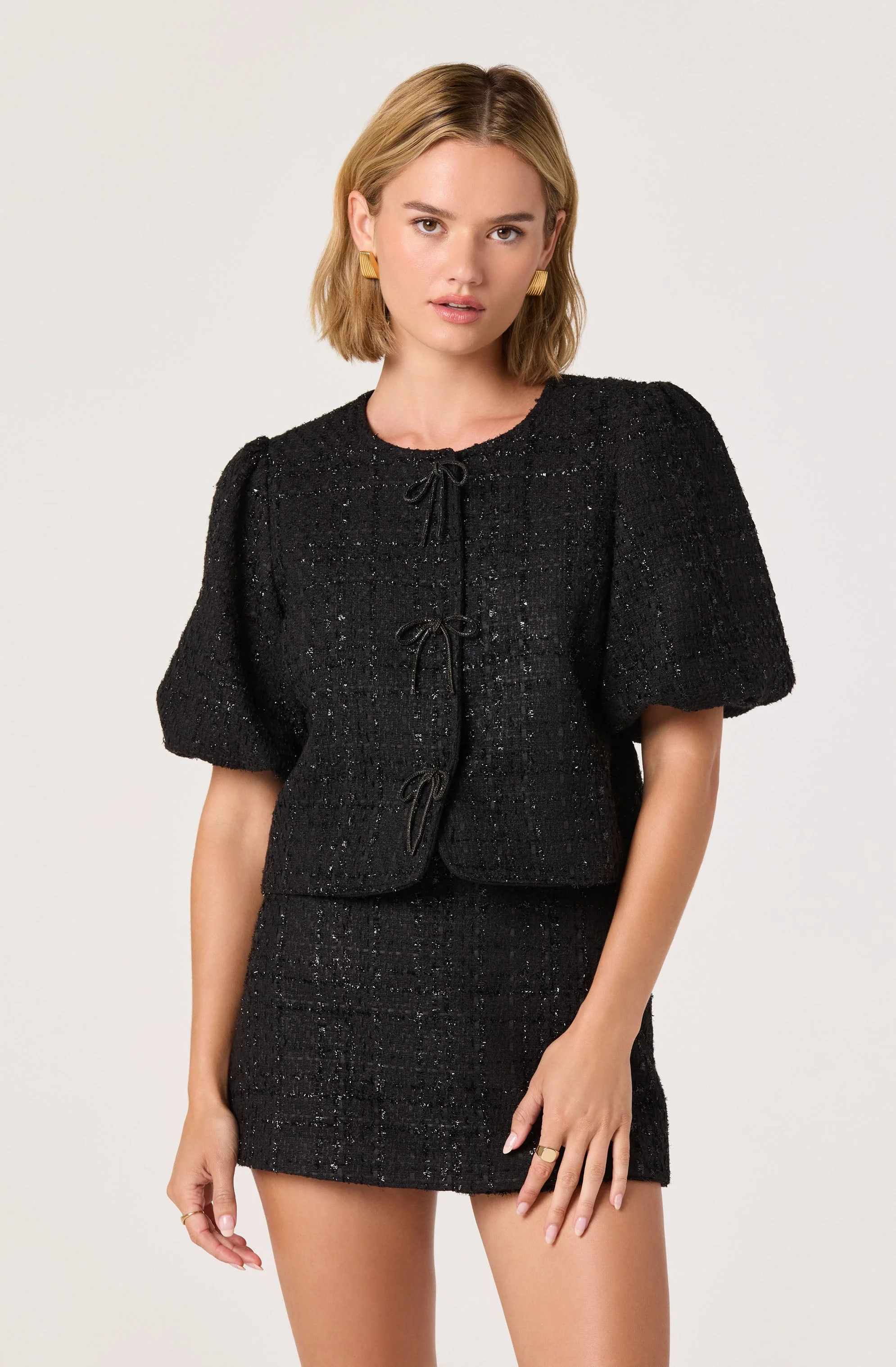 Tweed Puff Sleeve Bow Jacket