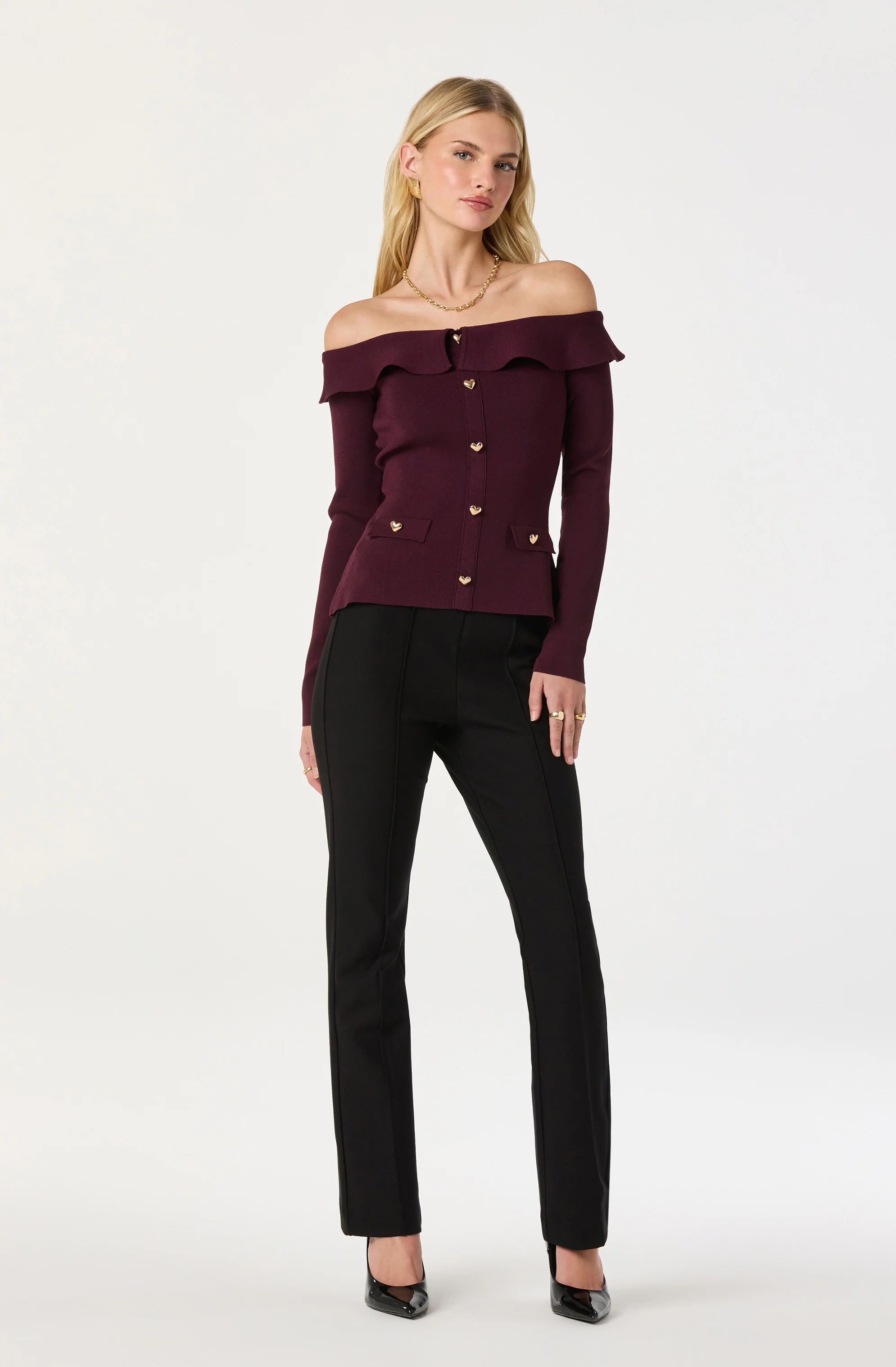 Off Shoulder Foldover Ruffle Sweater