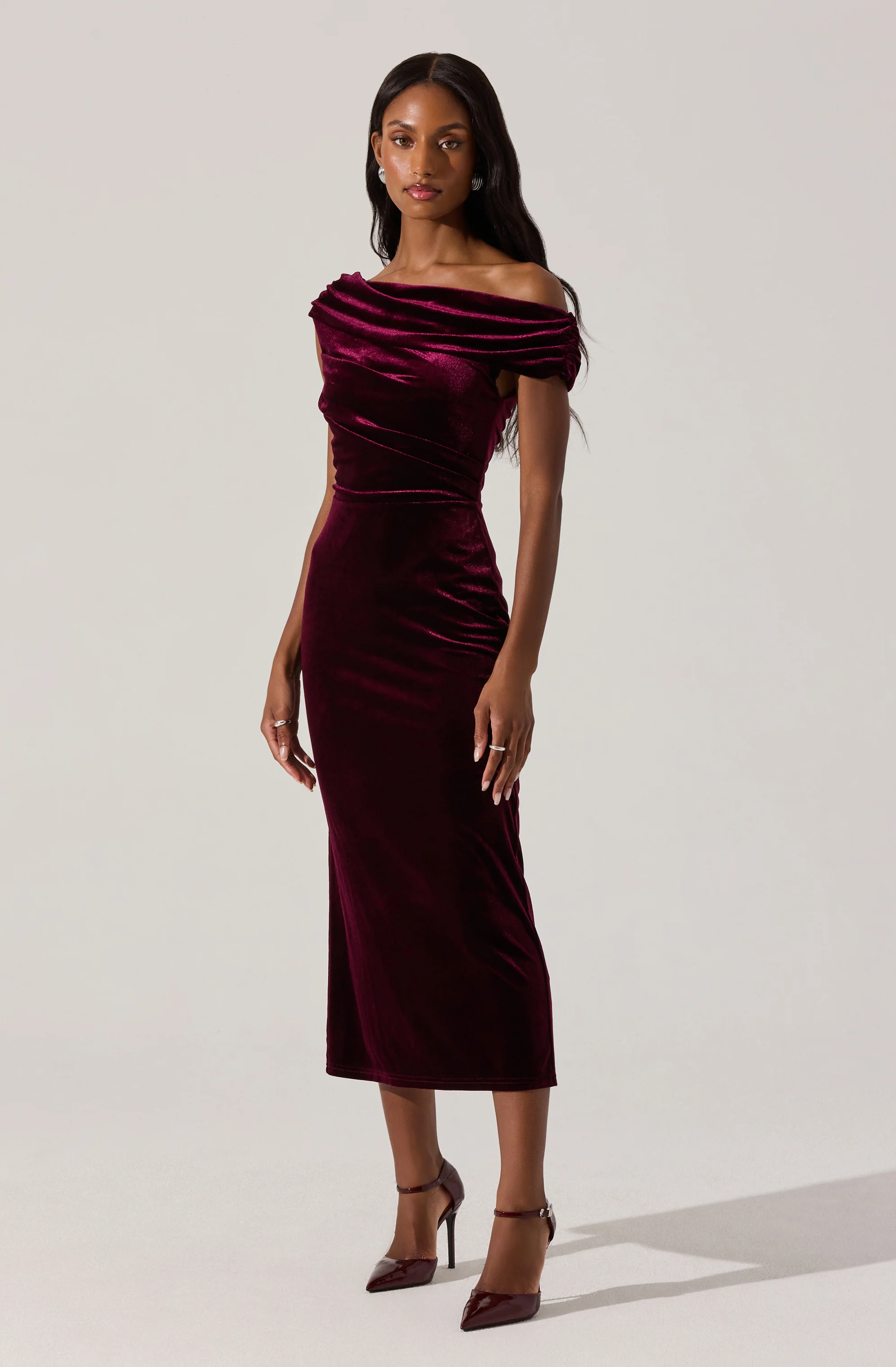 Velvet Off Shoulder Midi Dress