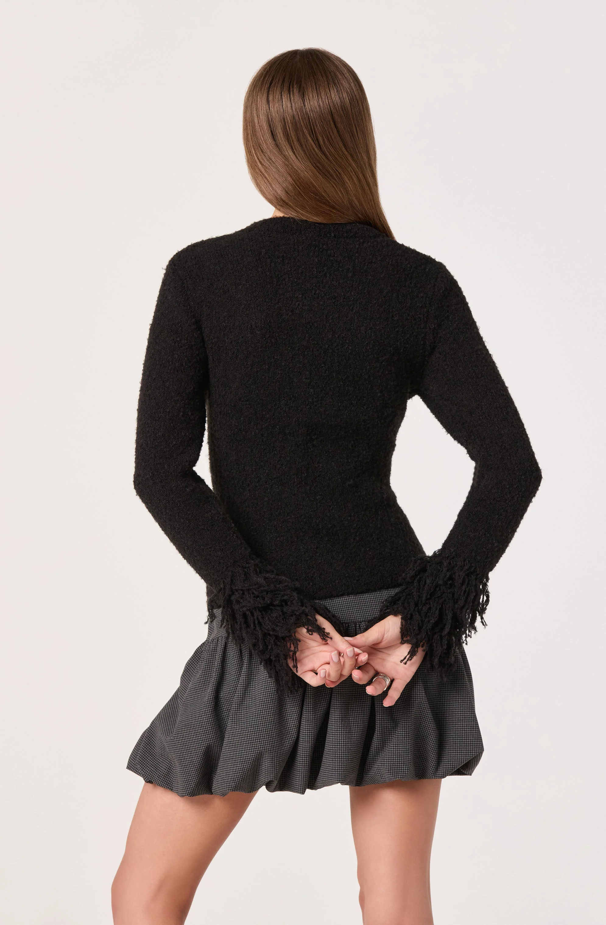 Fringe Sleeve Crewneck Cardigan