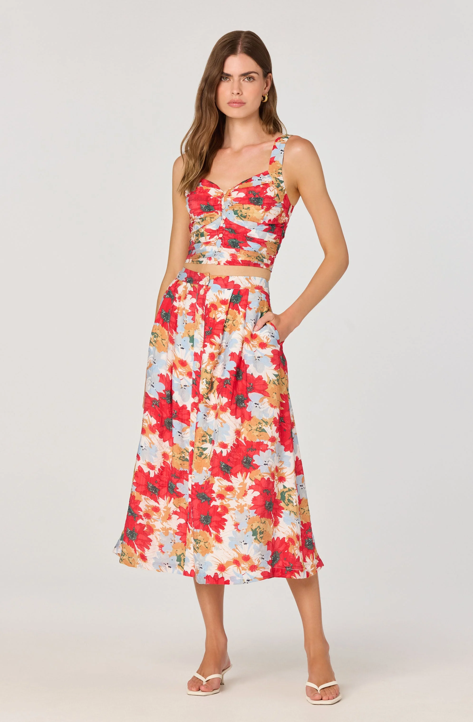 Button Front Pleated Midi Skirt