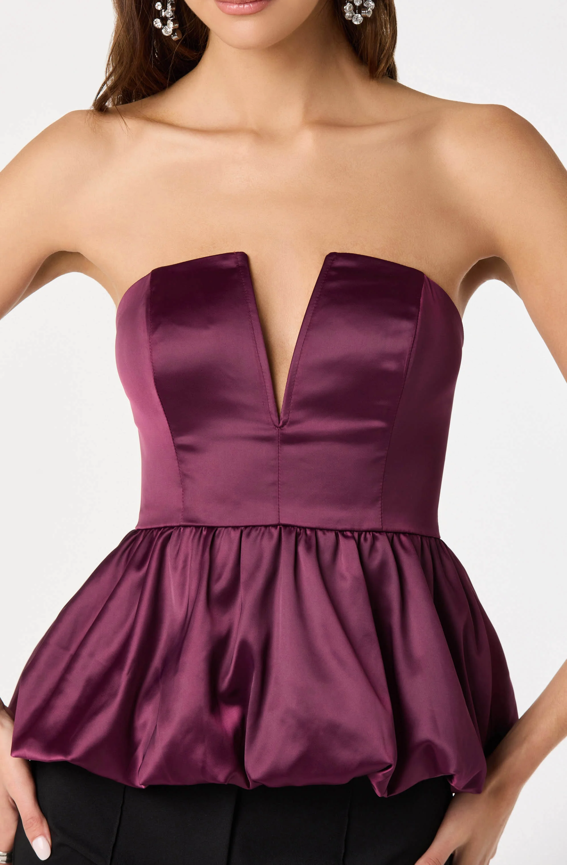Satin Strapless Plunge Peplum Top