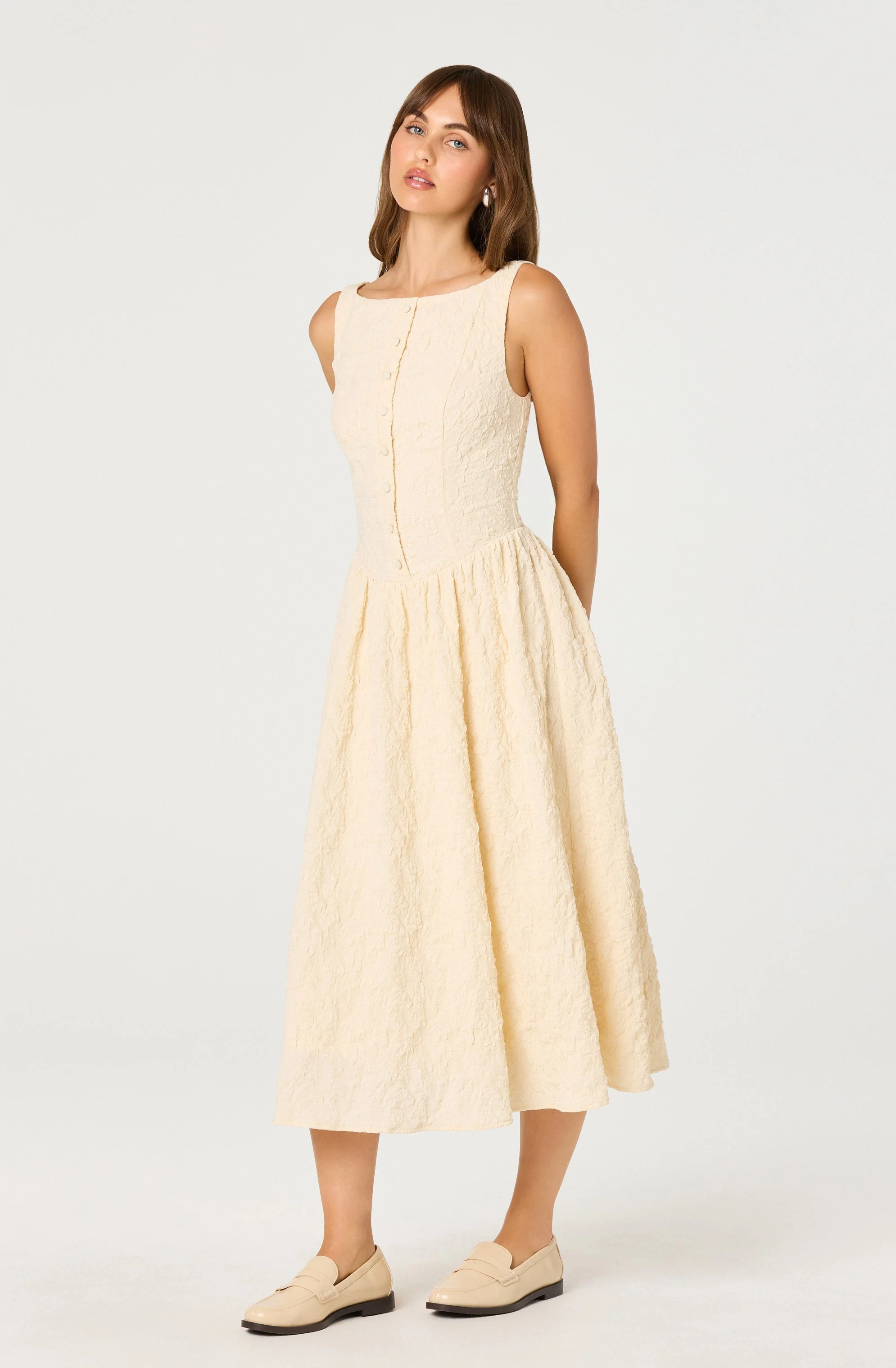 Button Front Boat Neck Midi Dress