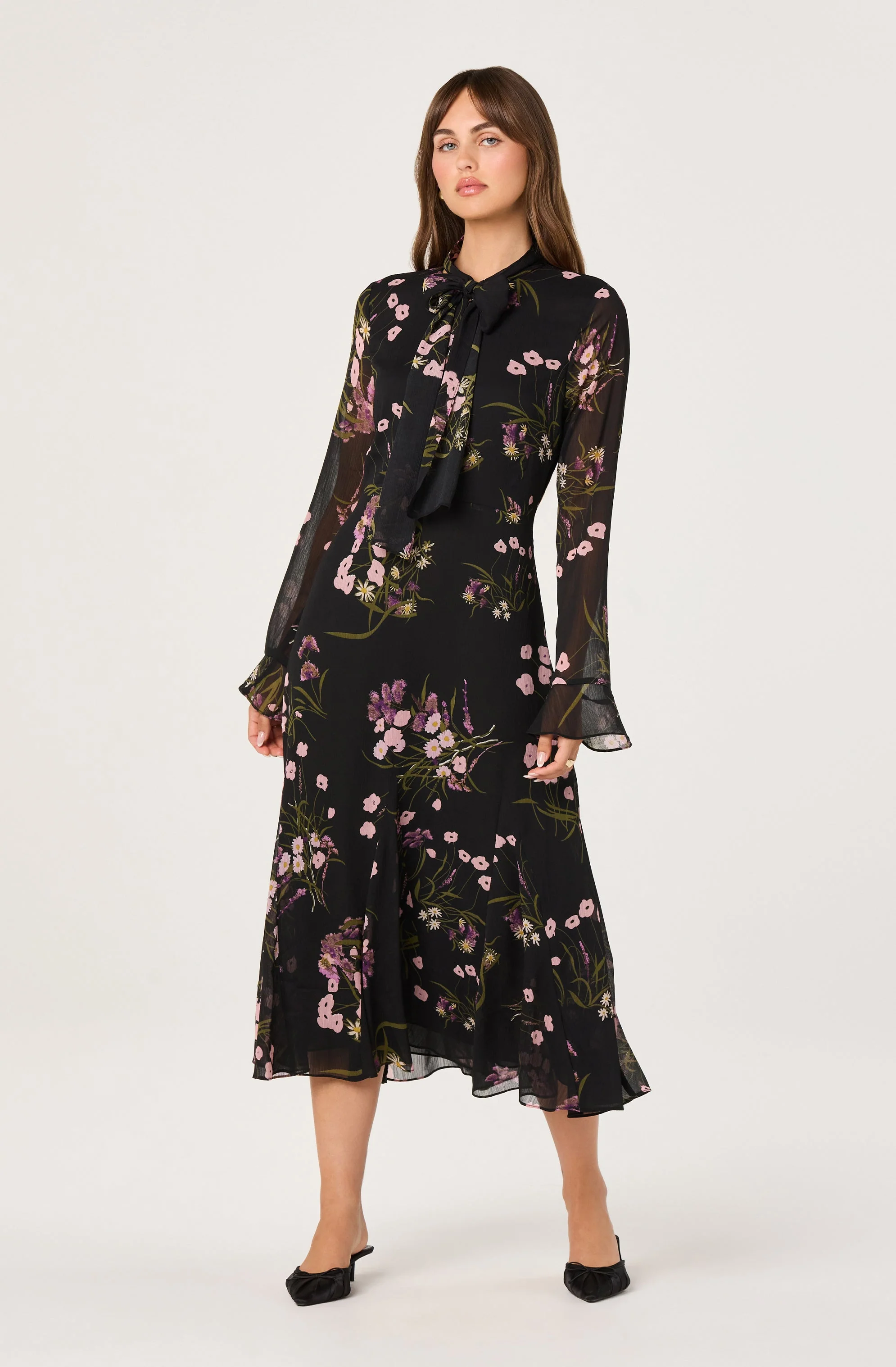 Tie-Neck Ruffled Floral Midi Dress