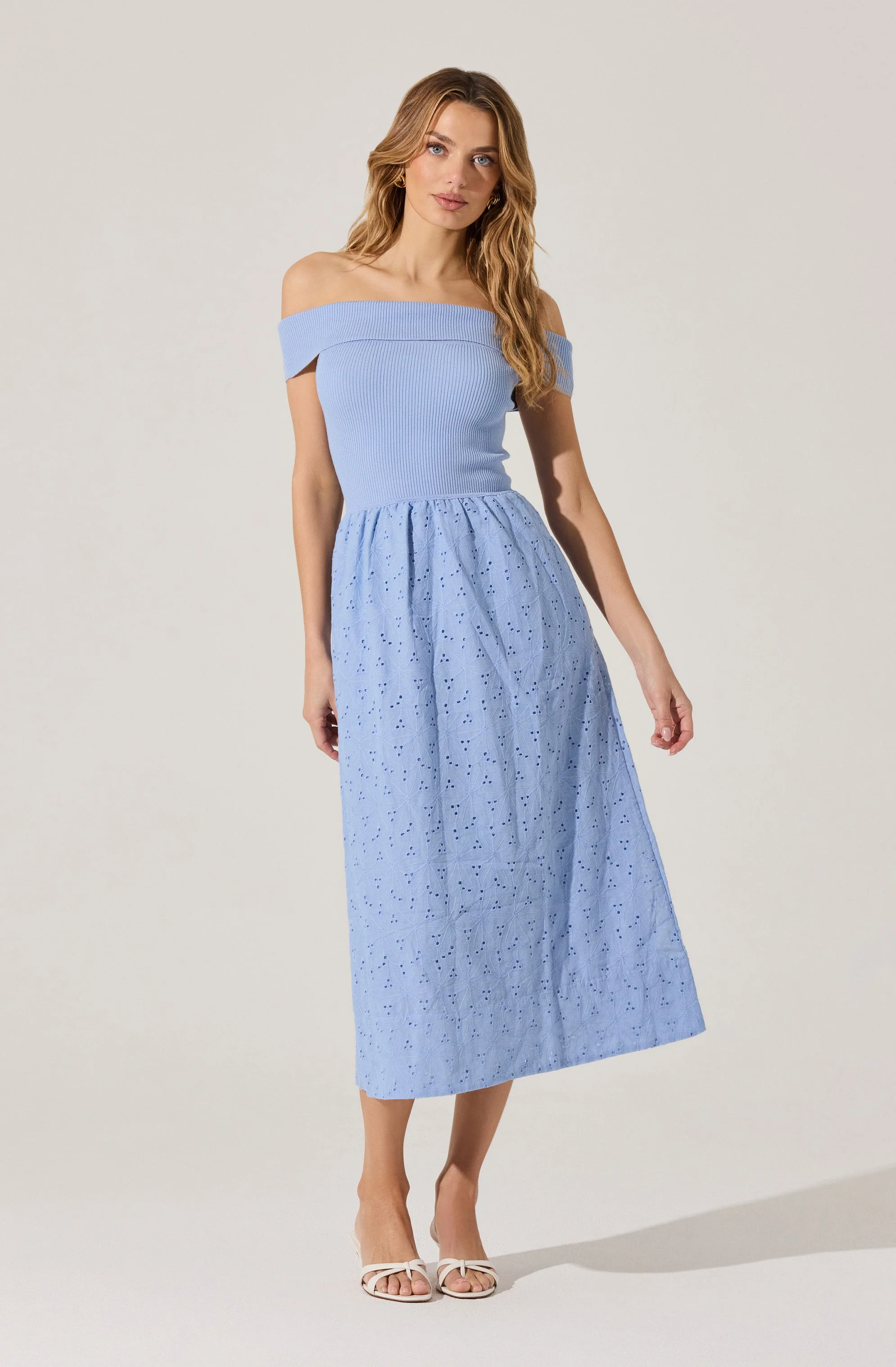 Off Shoulder Eyelet Midi Dress