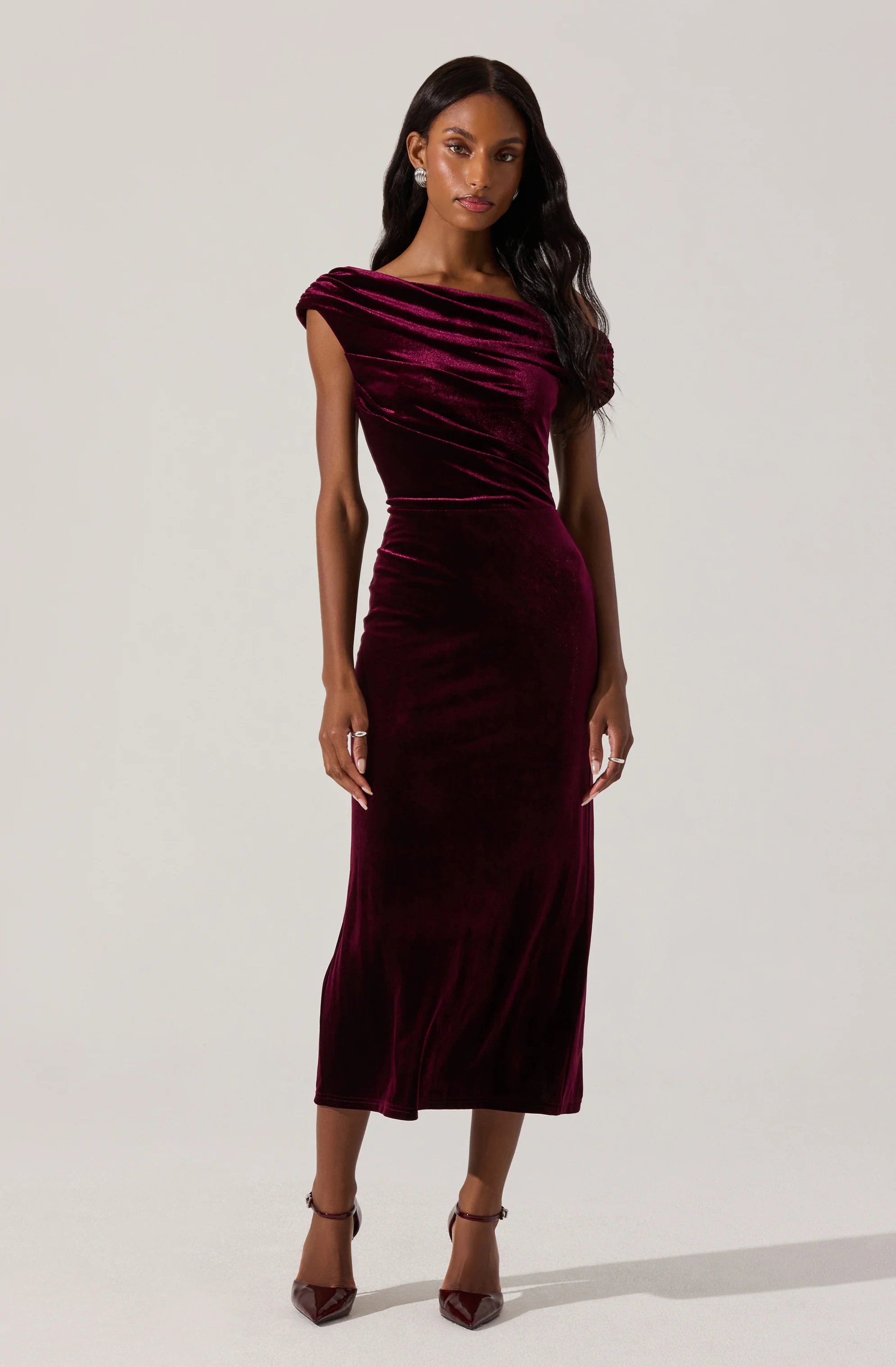 Velvet Off Shoulder Midi Dress