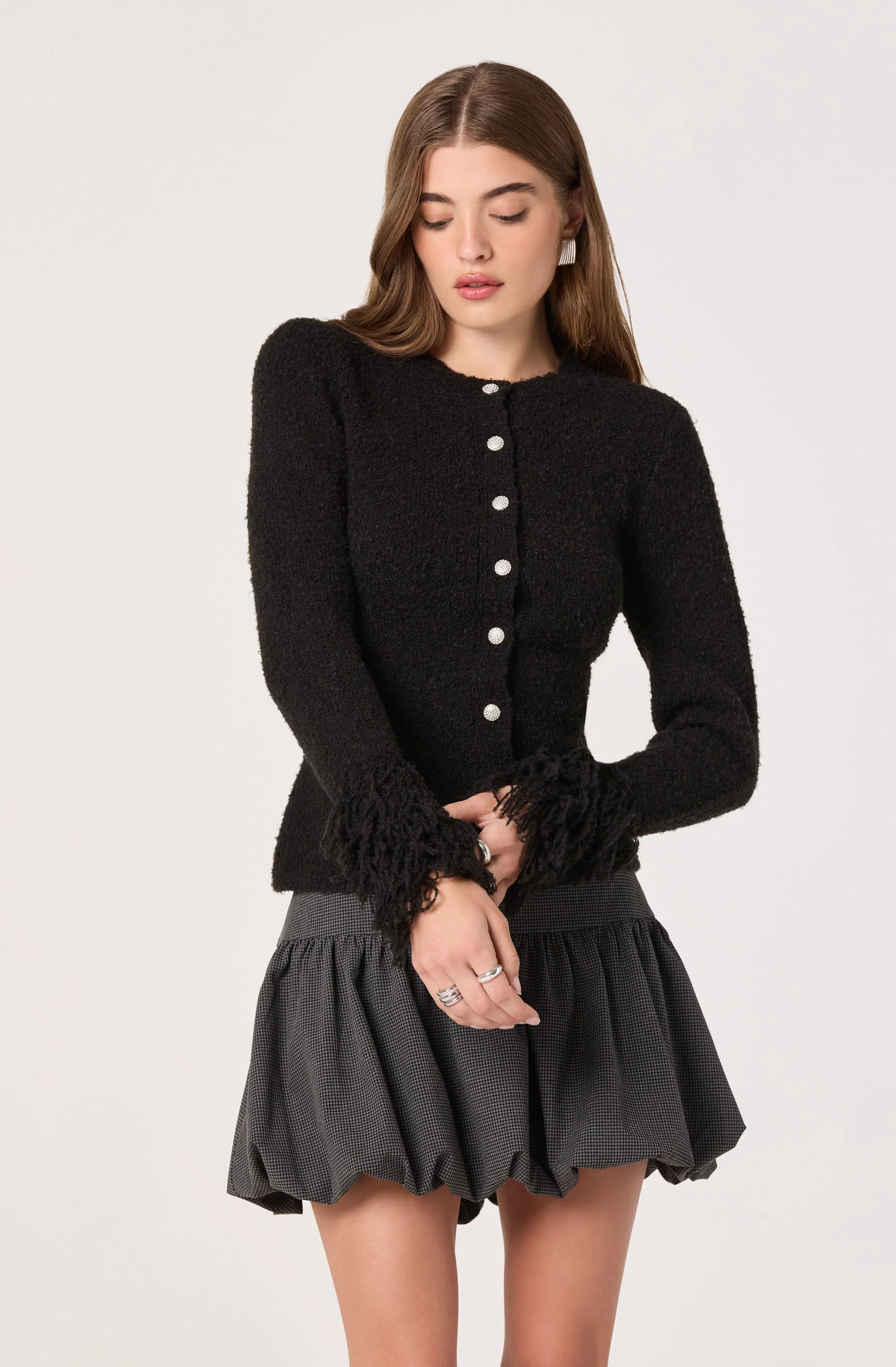 Fringe Sleeve Crewneck Cardigan