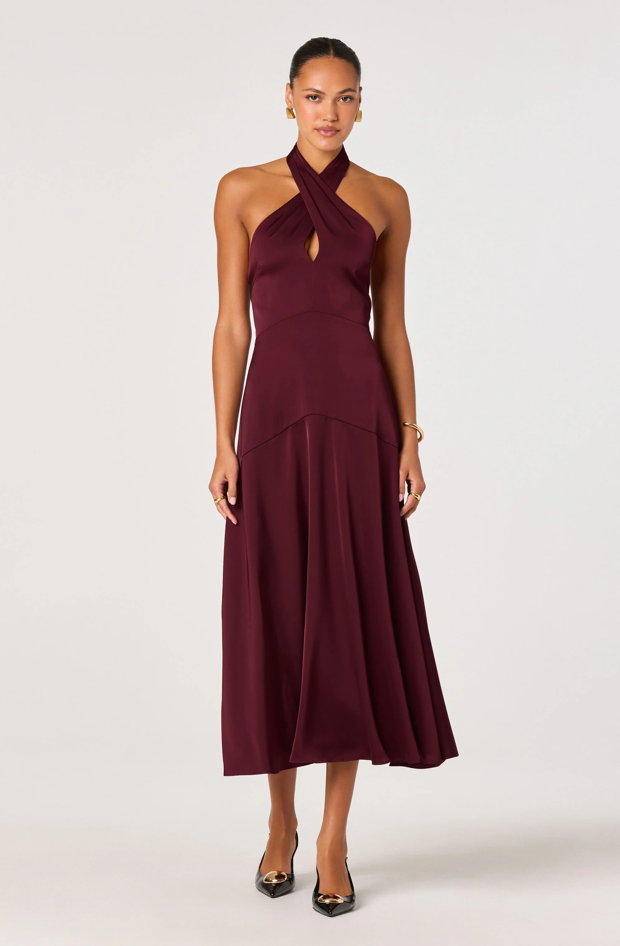 Satin Crossover Halter Midi Dress
