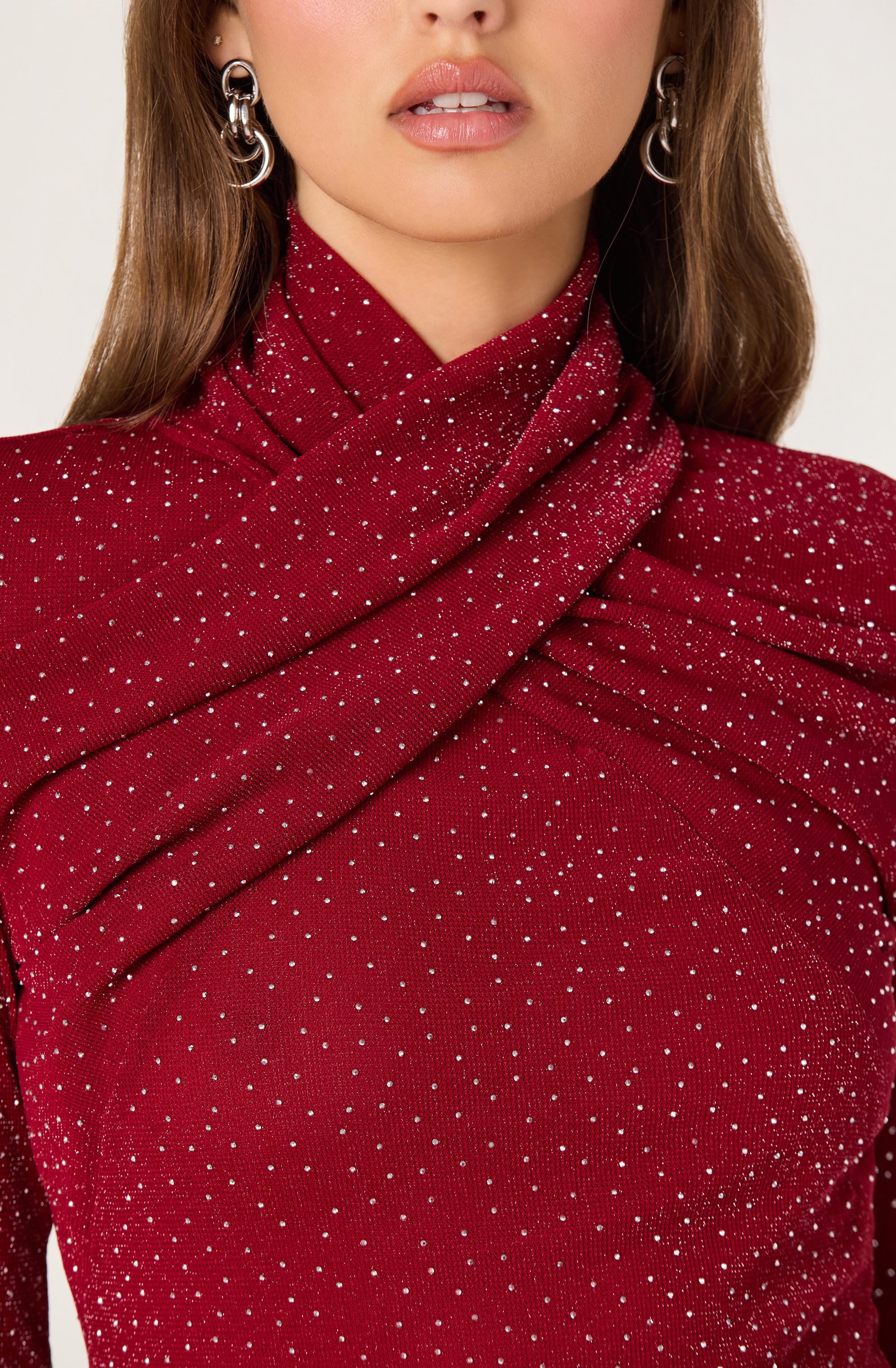 Embellished Crossover Mock Neck Top