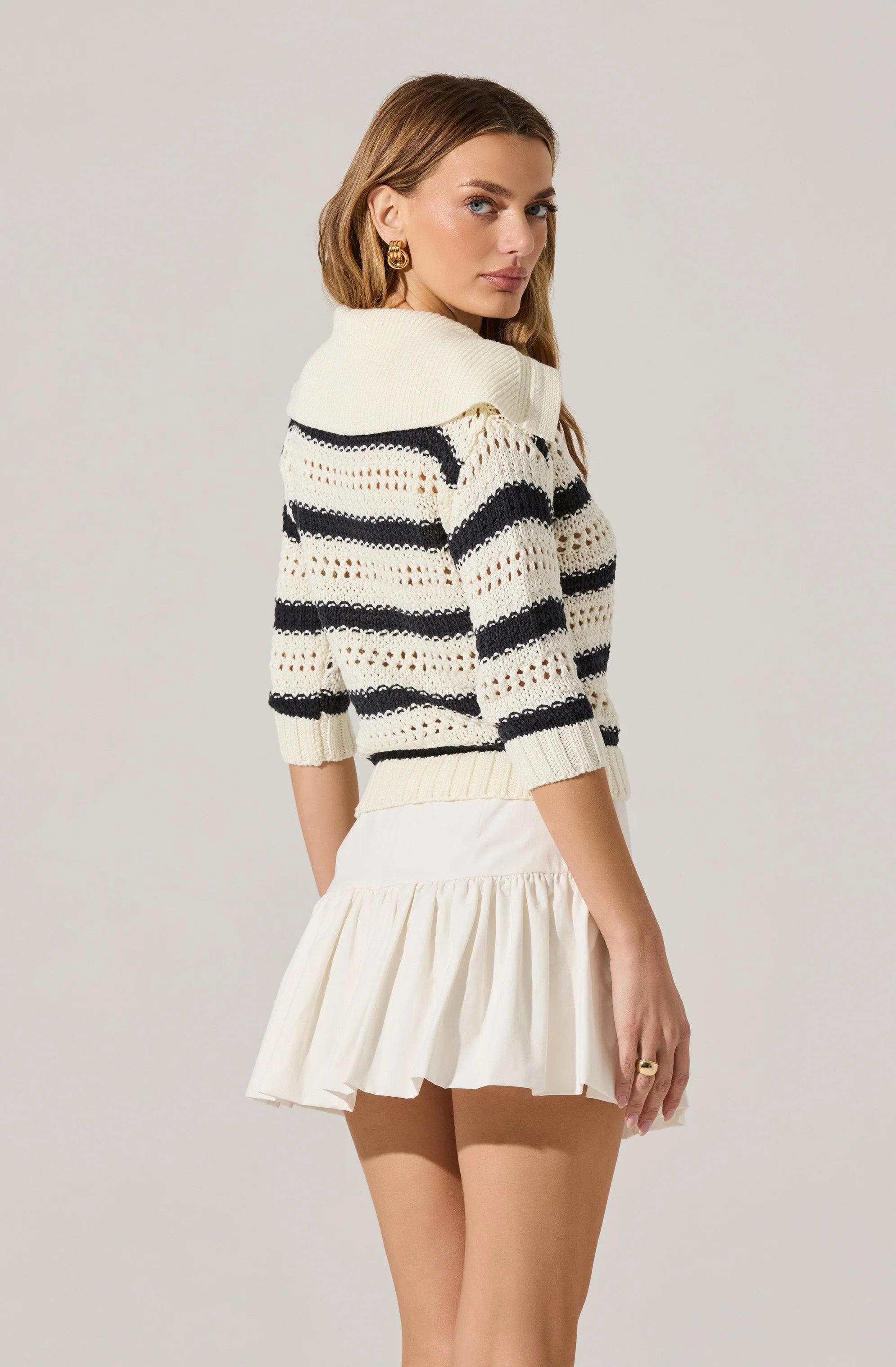 Striped Open Knit Polo Sweater