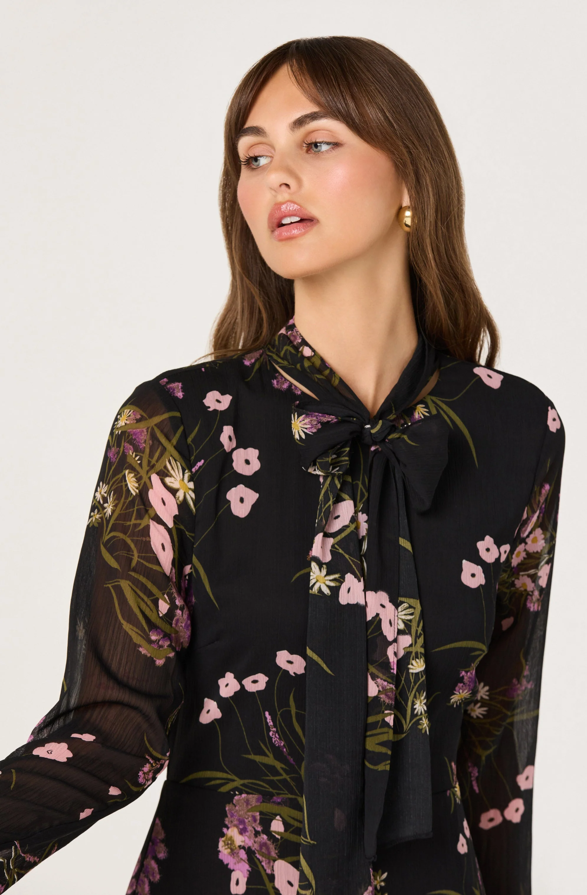 Tie-Neck Ruffled Floral Midi Dress