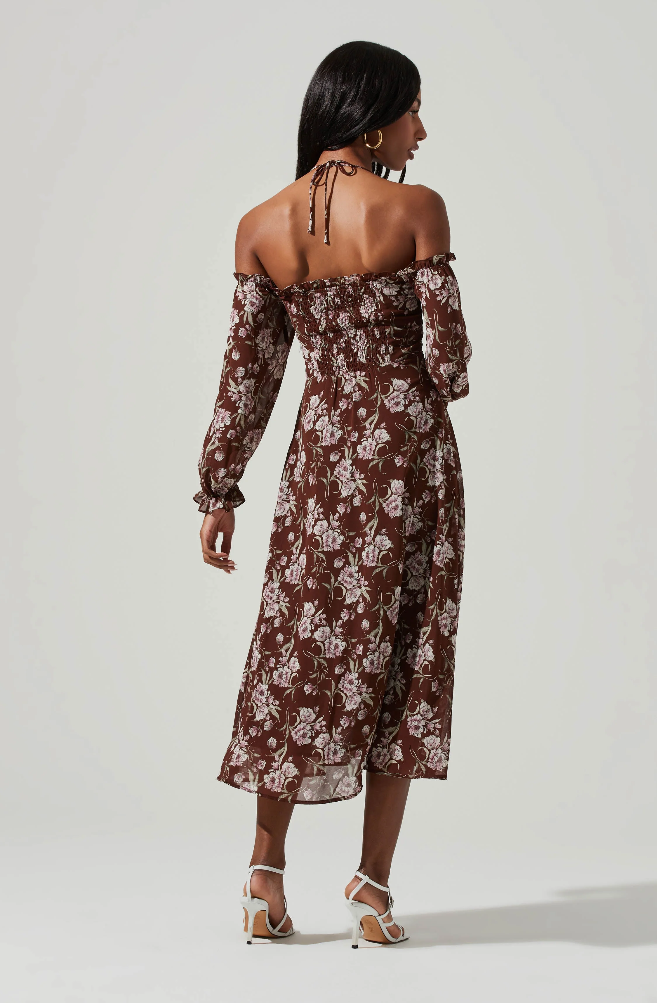 Off Shoulder Long Sleeve Cinched Bust Midi Dress