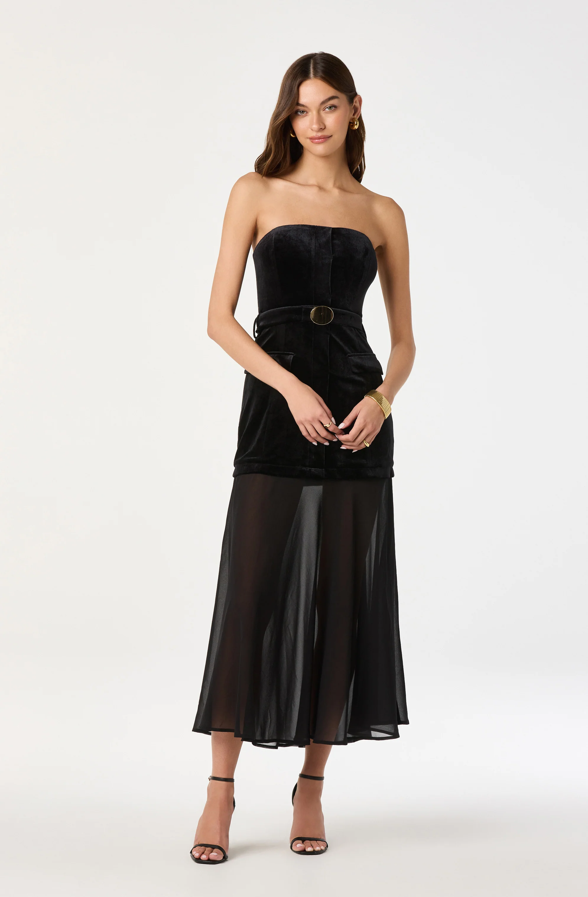 Strapless Contrast Velvet Belted Dress