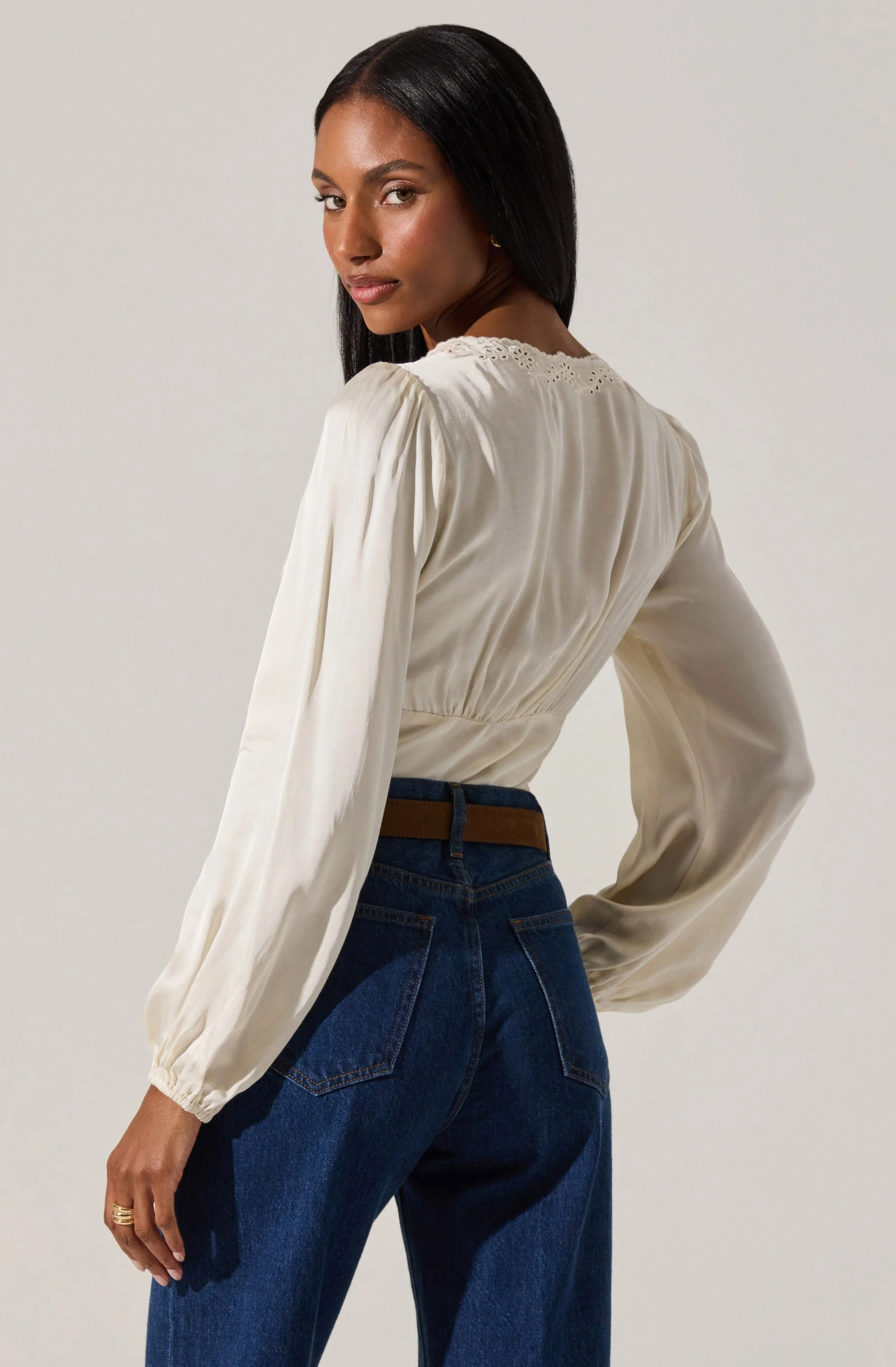 Roya Eyelet Trim Satin Top