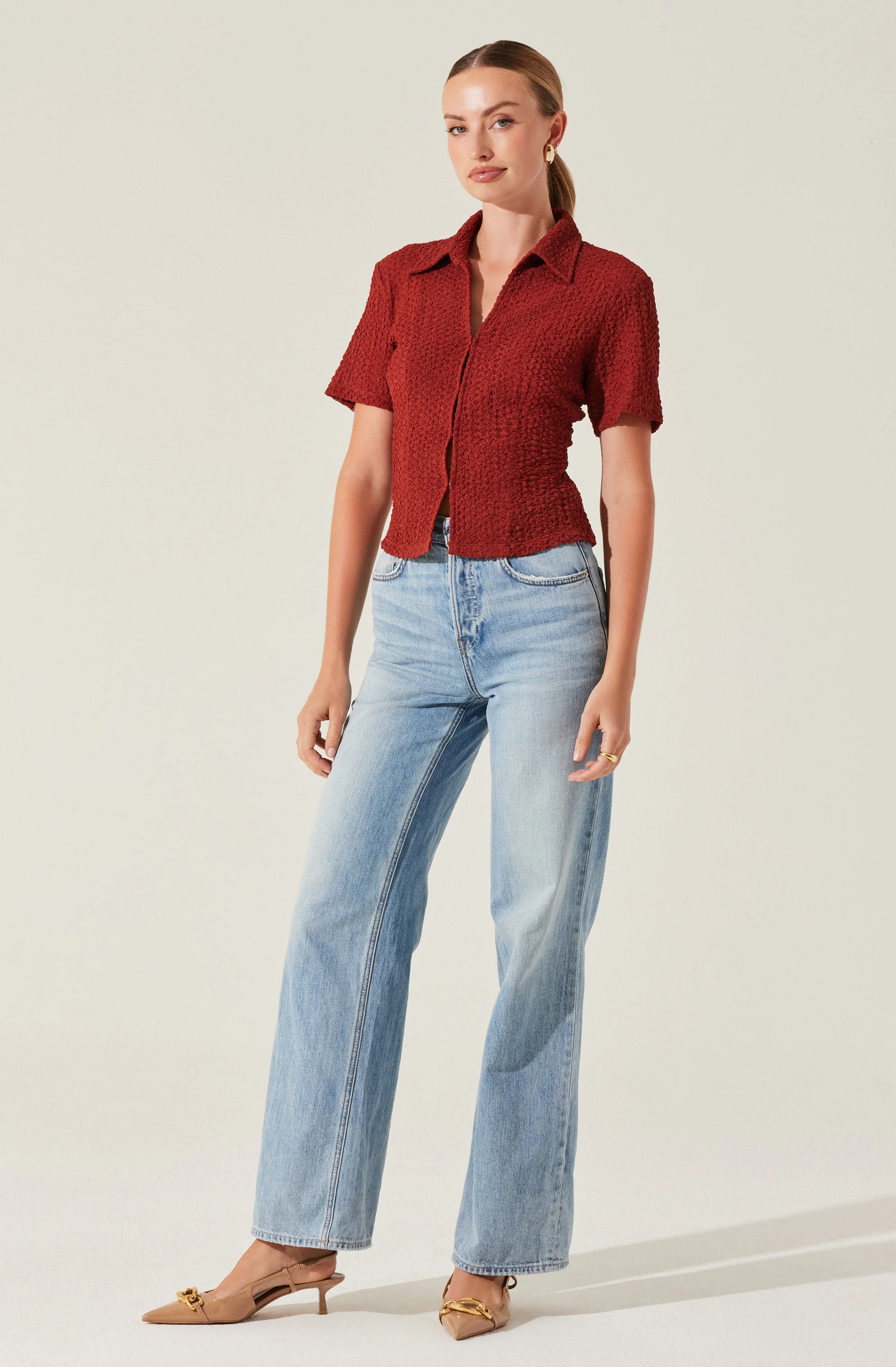 Textured Collared Hook-Closure Top