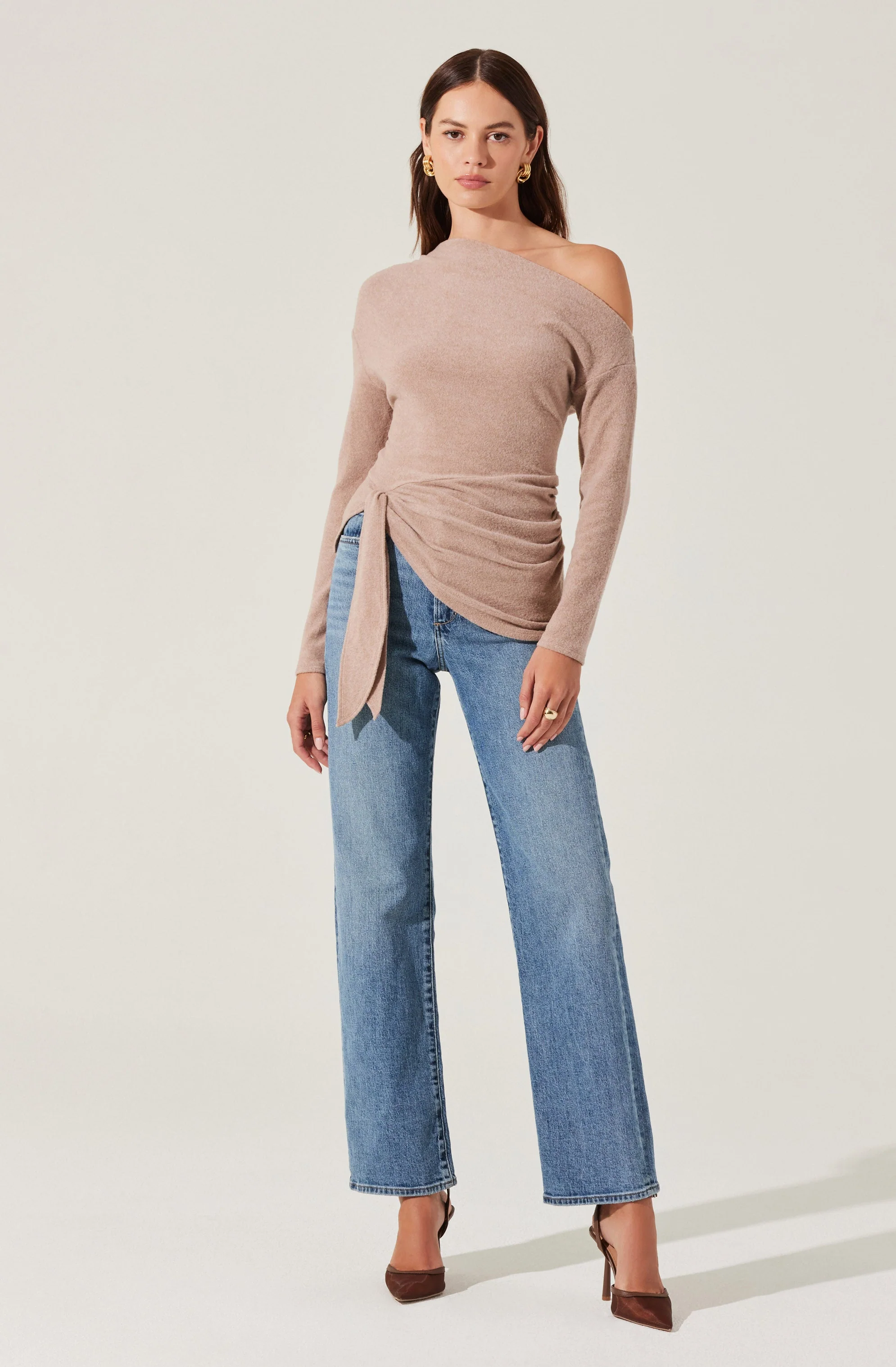 Asymmetrical Off Shoulder Tie Knit Top