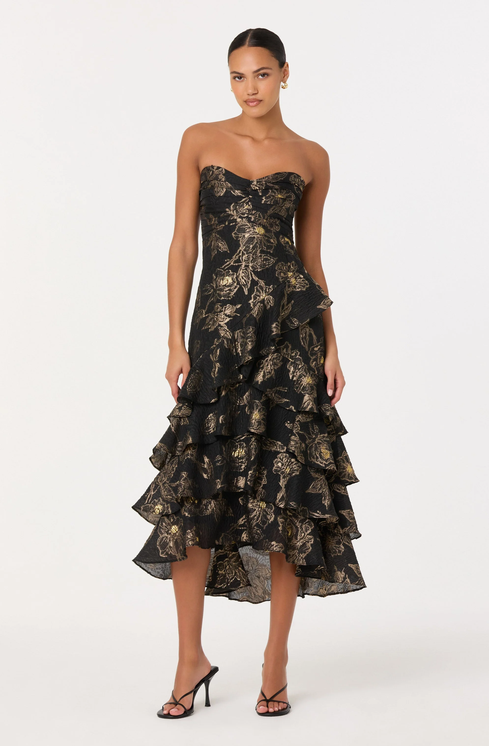 Marysia Strapless Metallic Floral Midi Dress