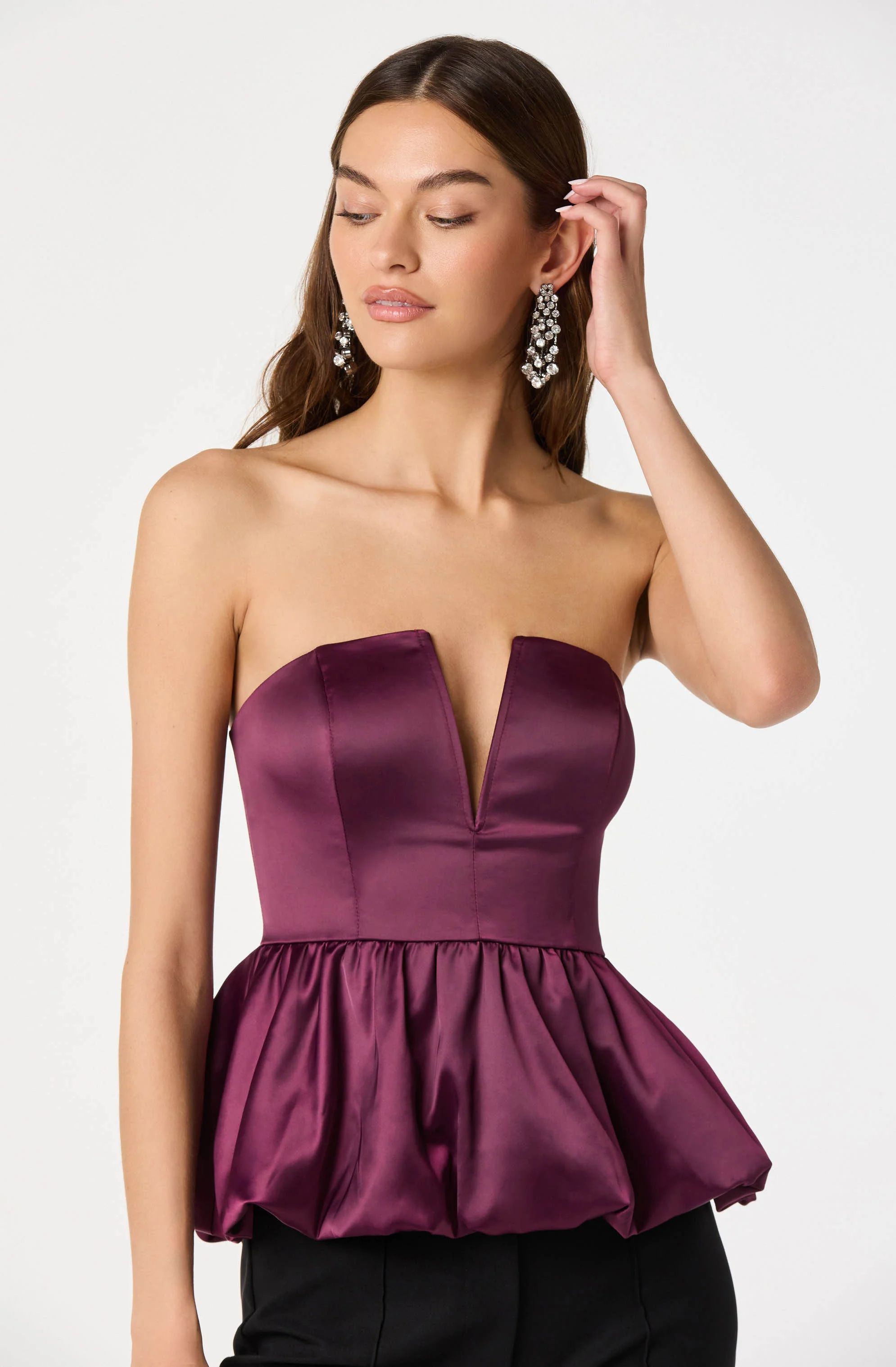 Satin Strapless Plunge Peplum Top