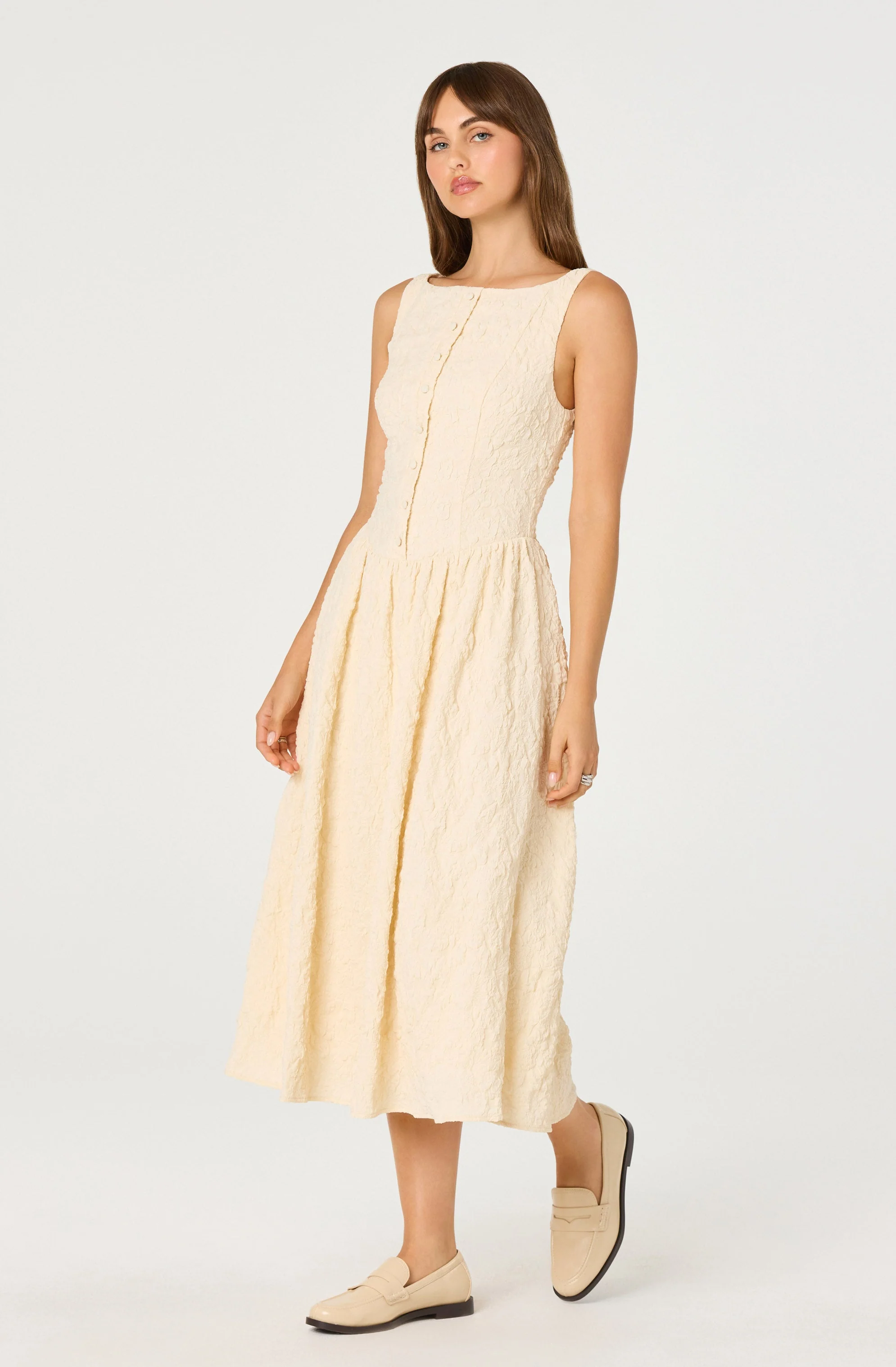 Button Front Boat Neck Midi Dress