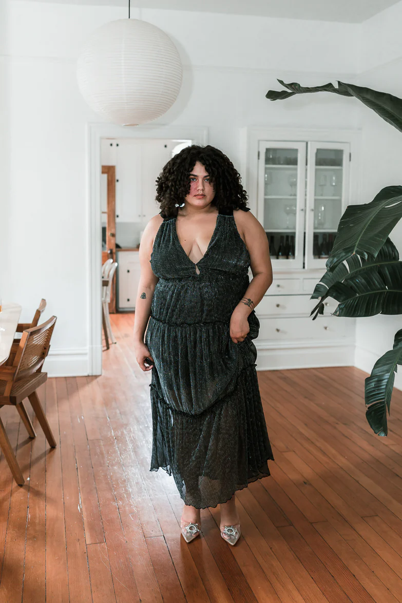 Halle Shoulder Tie Deep V Maxi - Silver