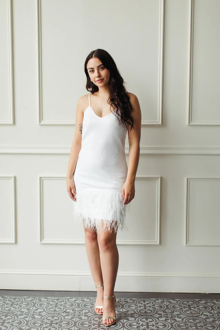 Lou Lou White Sequin Mini Dress with Feathers