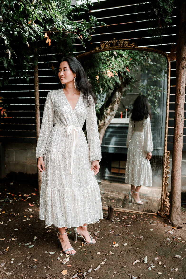 Midnights Sequin Midi Dress - Champagne Silver