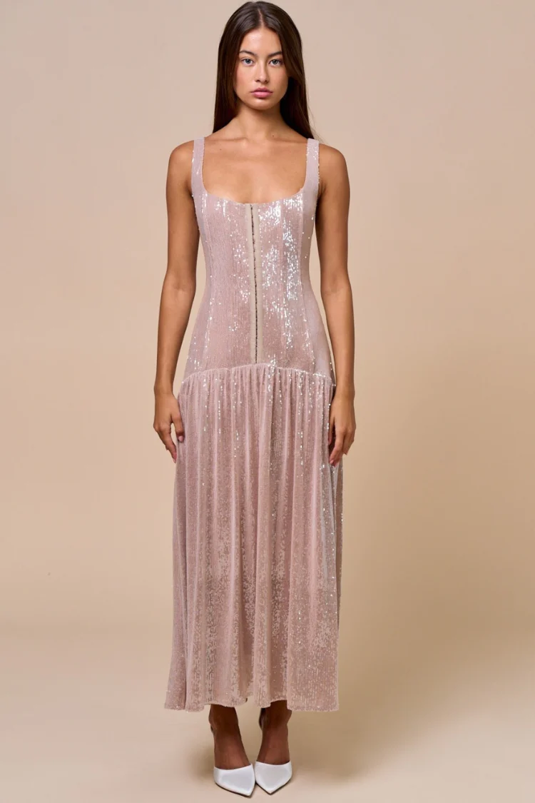 Gwyneth Sequin Midi Dress - Nude/ Pale Pink