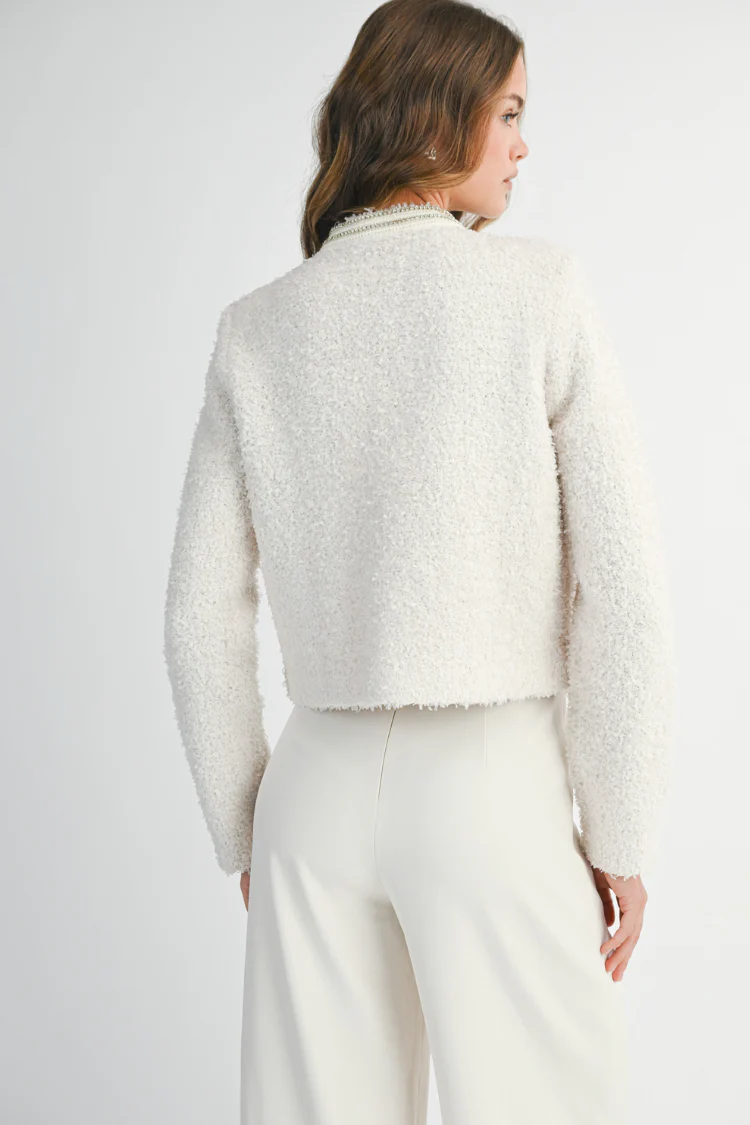 Marlo Rhinestone Embellished Tweed Knit Jacket - Cream