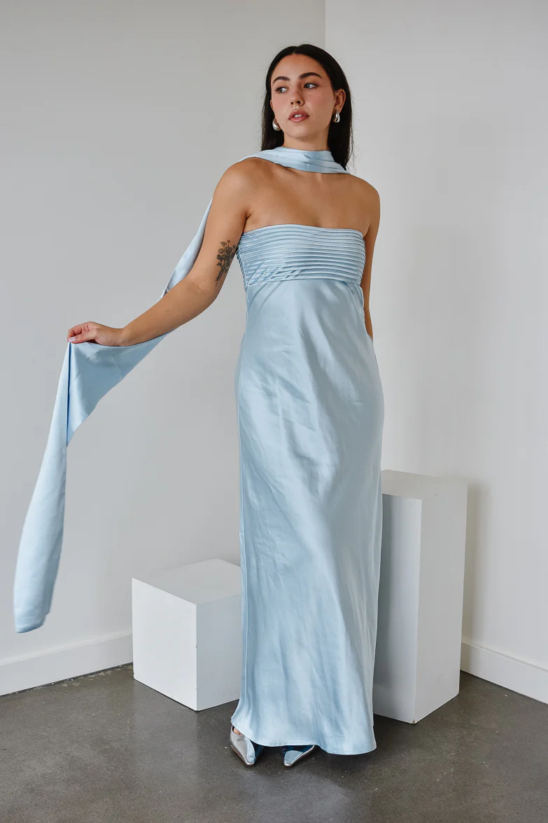 Elsa Ice Blue Maxi Dress with Neck Scarf