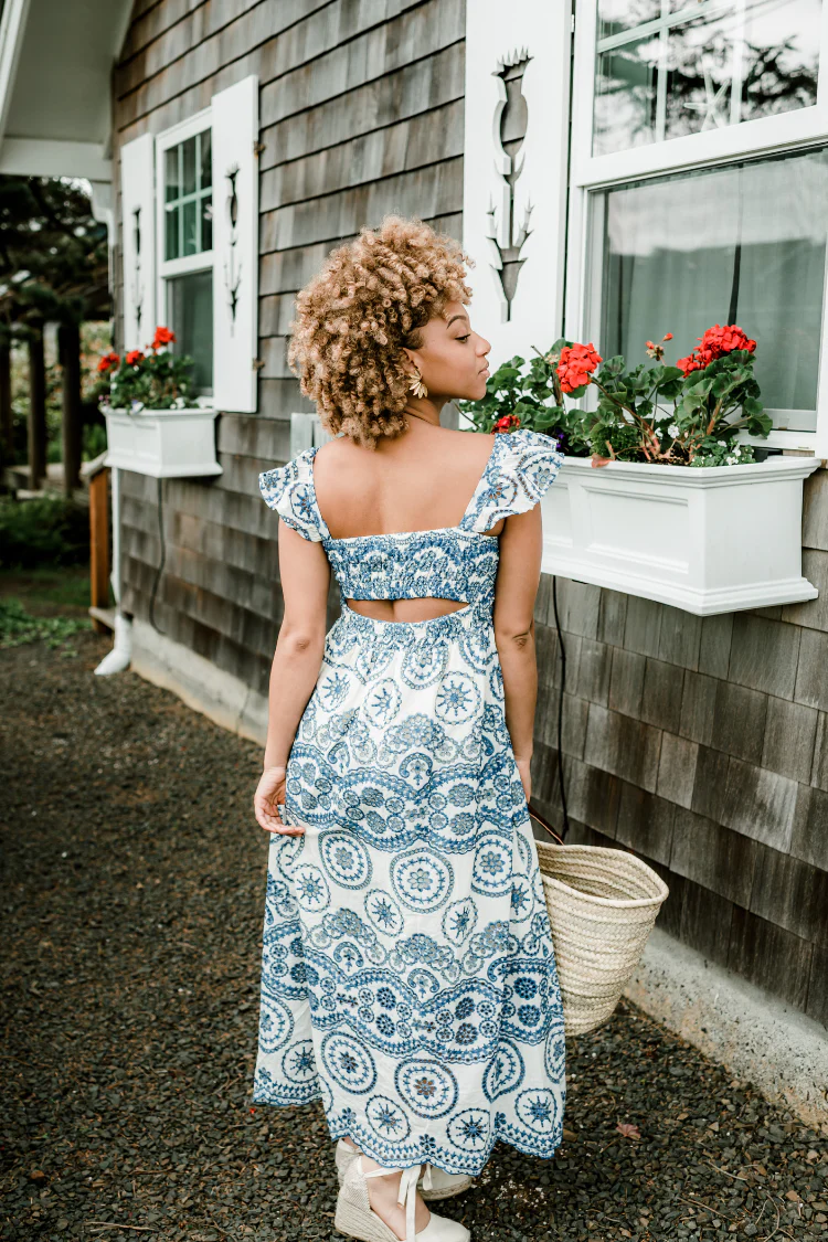 Marisol Blue and White Eyelet Midi Dress