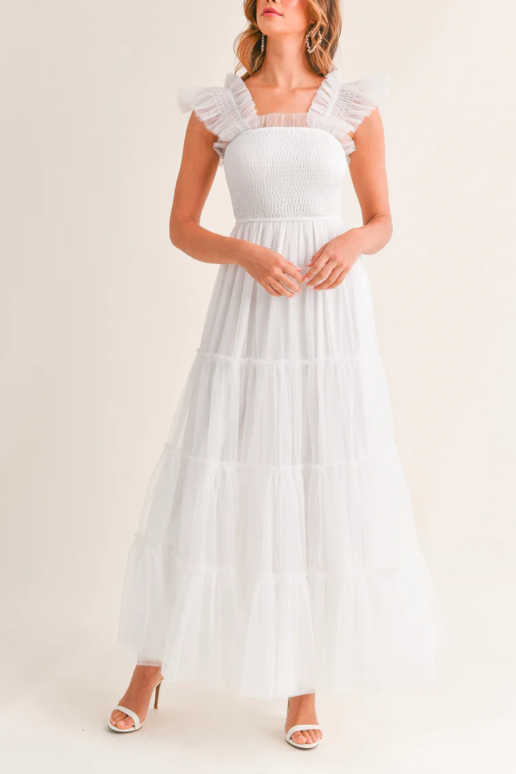 Fiori Tulle Tiered Maxi Dress - White