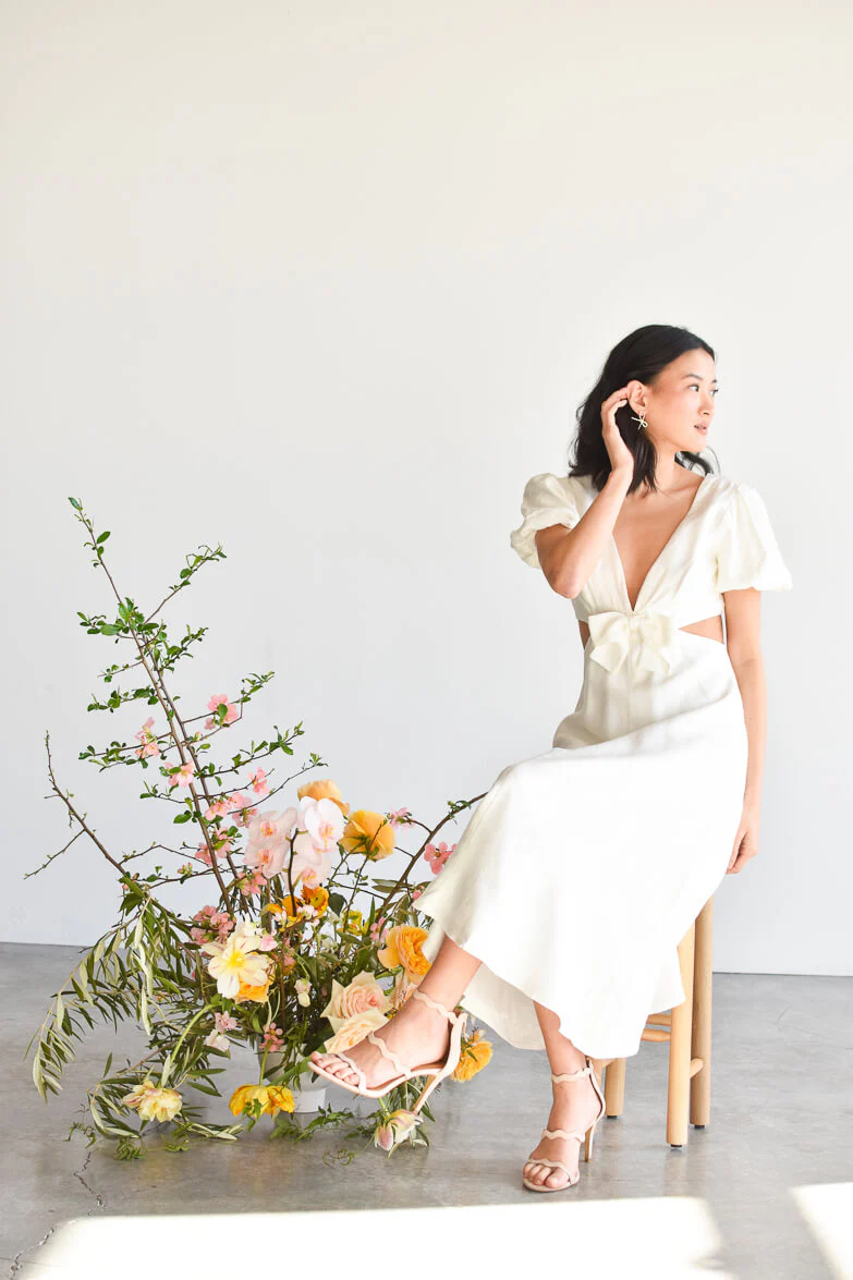 Poppy Ivory Brocade Puff Sleeve Cutout Midi Dress