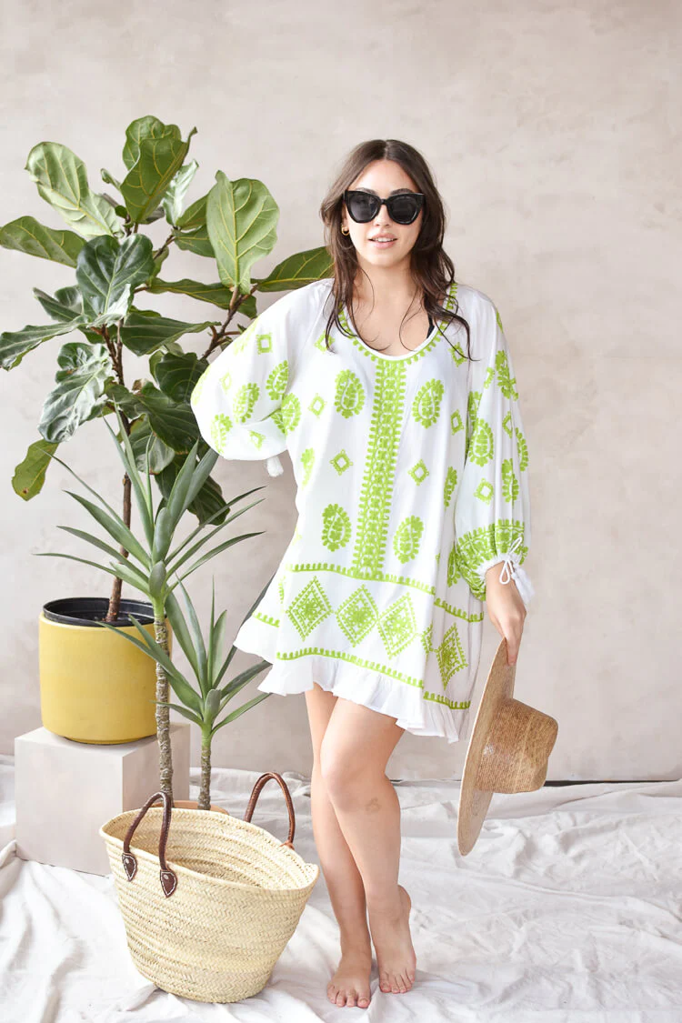 Cayman Lime Embroidered Scoop Neck Beach Cover-Up - FINAL SALE