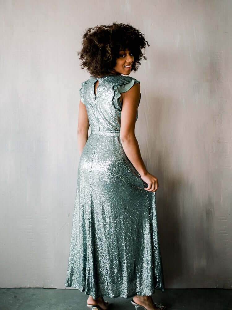 Flutter Sleeve Sequin Midi Dress - Silver - FINAL SALE