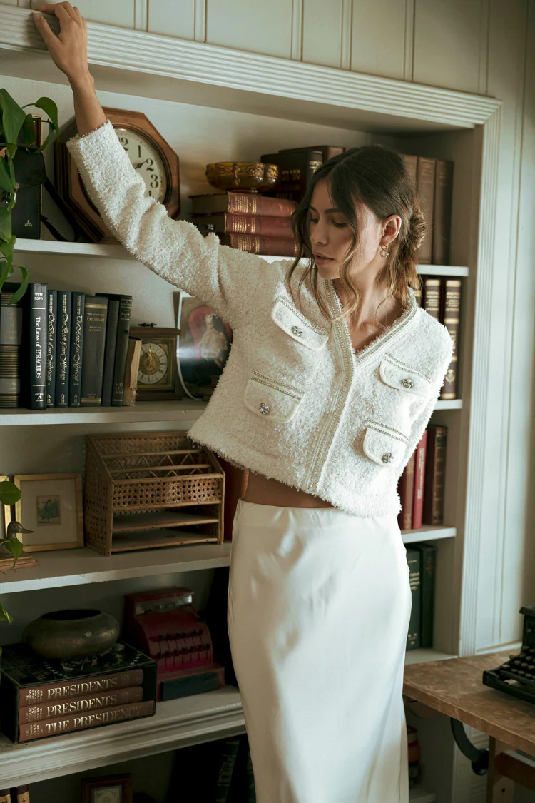 Marlo Rhinestone Embellished Tweed Knit Jacket - Cream