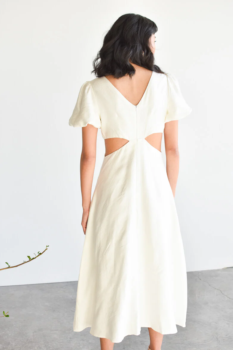 Poppy Ivory Brocade Puff Sleeve Cutout Midi Dress