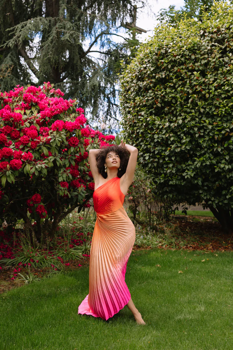 Olympia Pink Ombre Pleated One Shoulder Gown - Hibiscus Cosmo