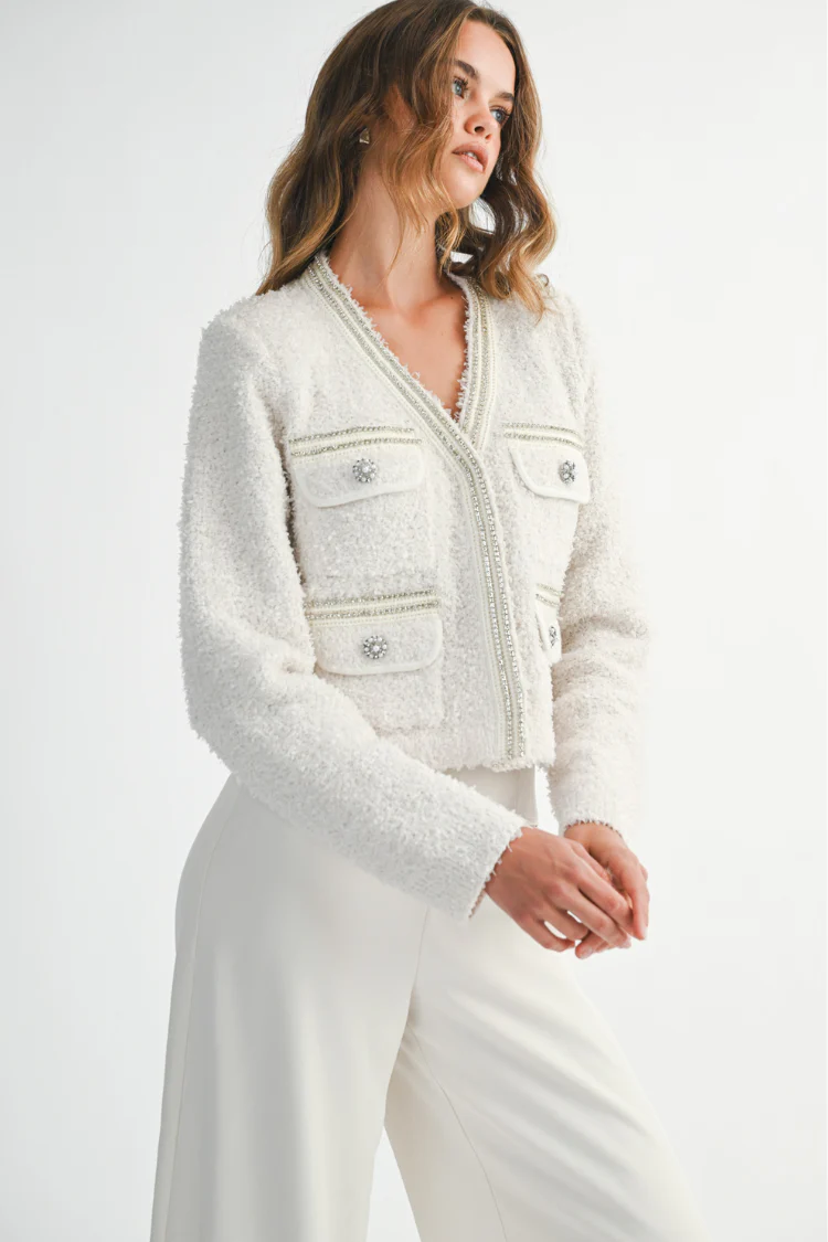 Marlo Rhinestone Embellished Tweed Knit Jacket - Cream