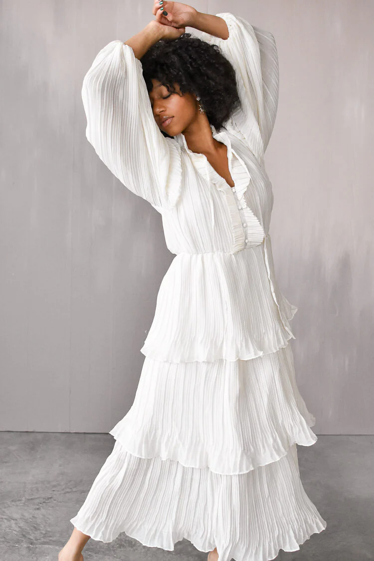 Odette Ruffle Mock Neck Tiered Midi Dress - White - FINAL SALE