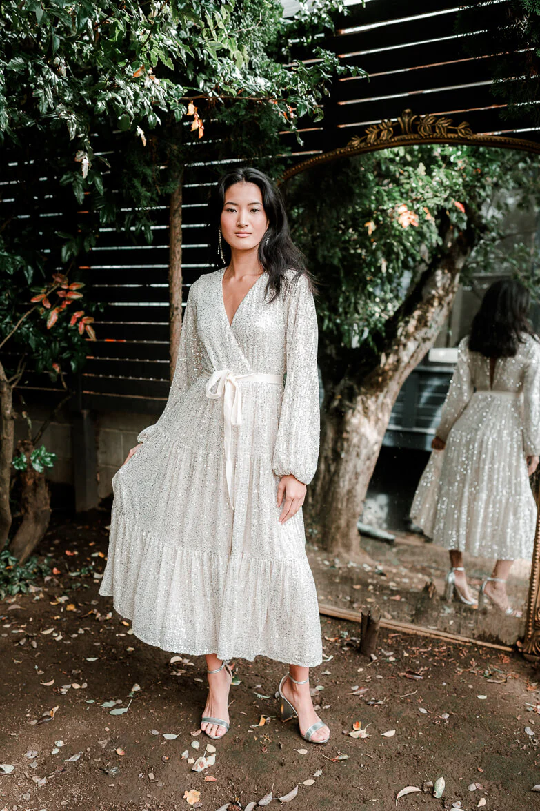 Midnights Sequin Midi Dress - Champagne Silver