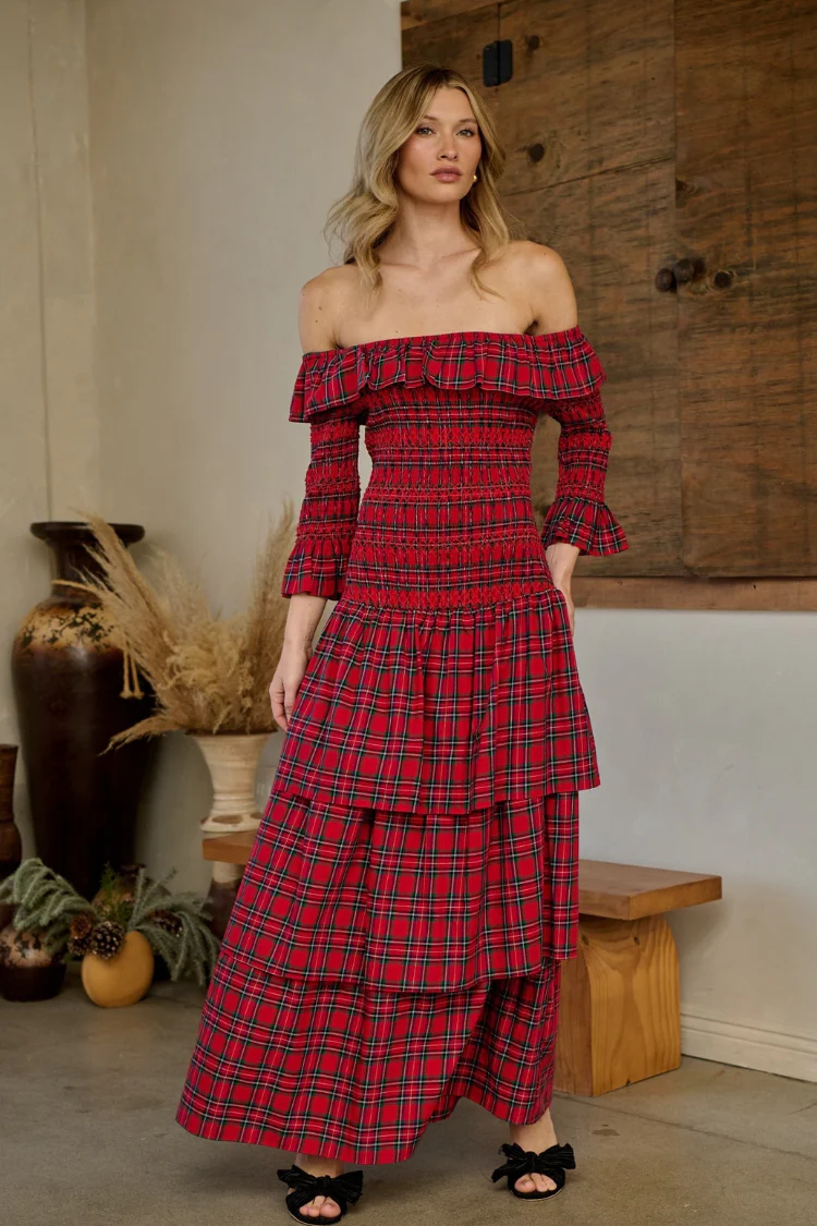 Nicoletta Red Plaid Off the Shoulder Maxi Dress