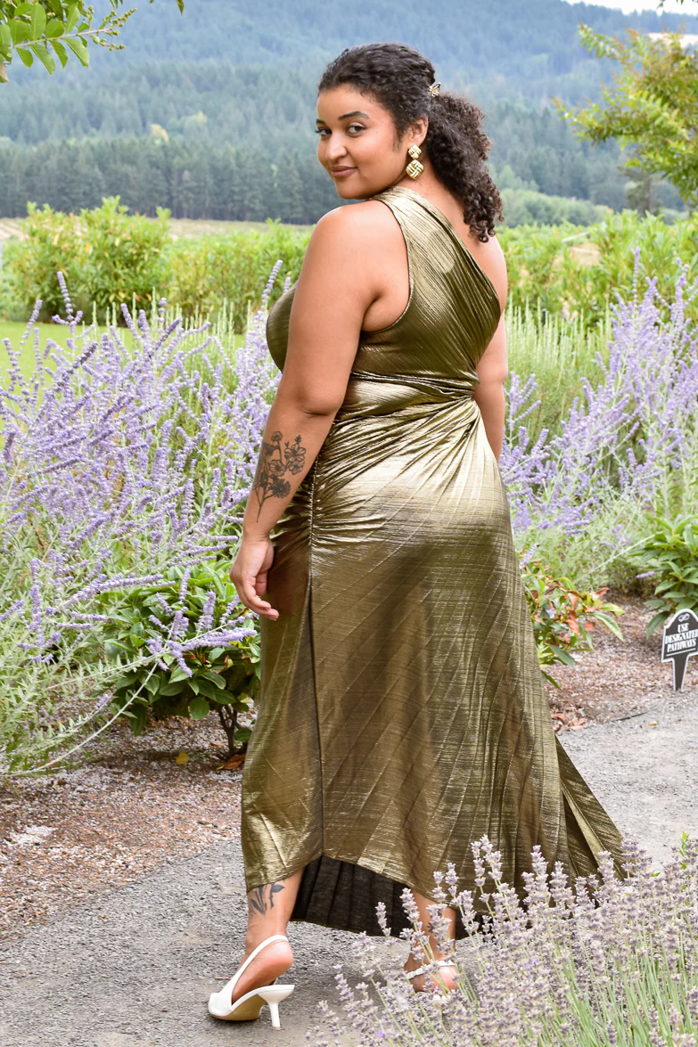 Olympia Gold Metallic Pleated One Shoulder Gown - Plus