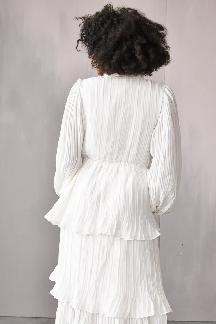 Odette Ruffle Mock Neck Tiered Midi Dress - White - FINAL SALE