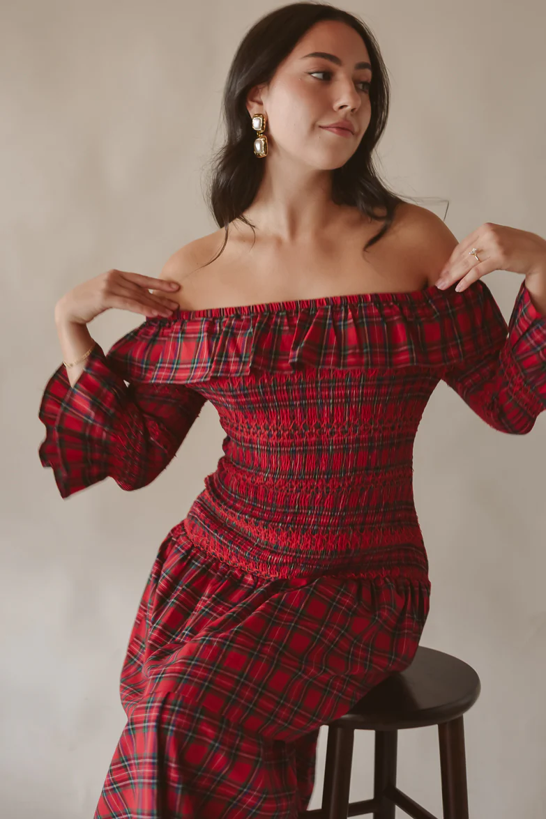 Nicoletta Red Plaid Off the Shoulder Maxi Dress