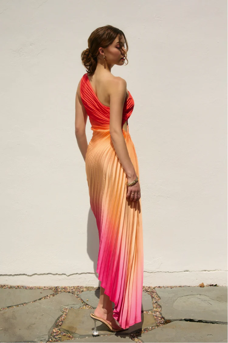 Olympia Pink Ombre Pleated One Shoulder Gown - Hibiscus Cosmo