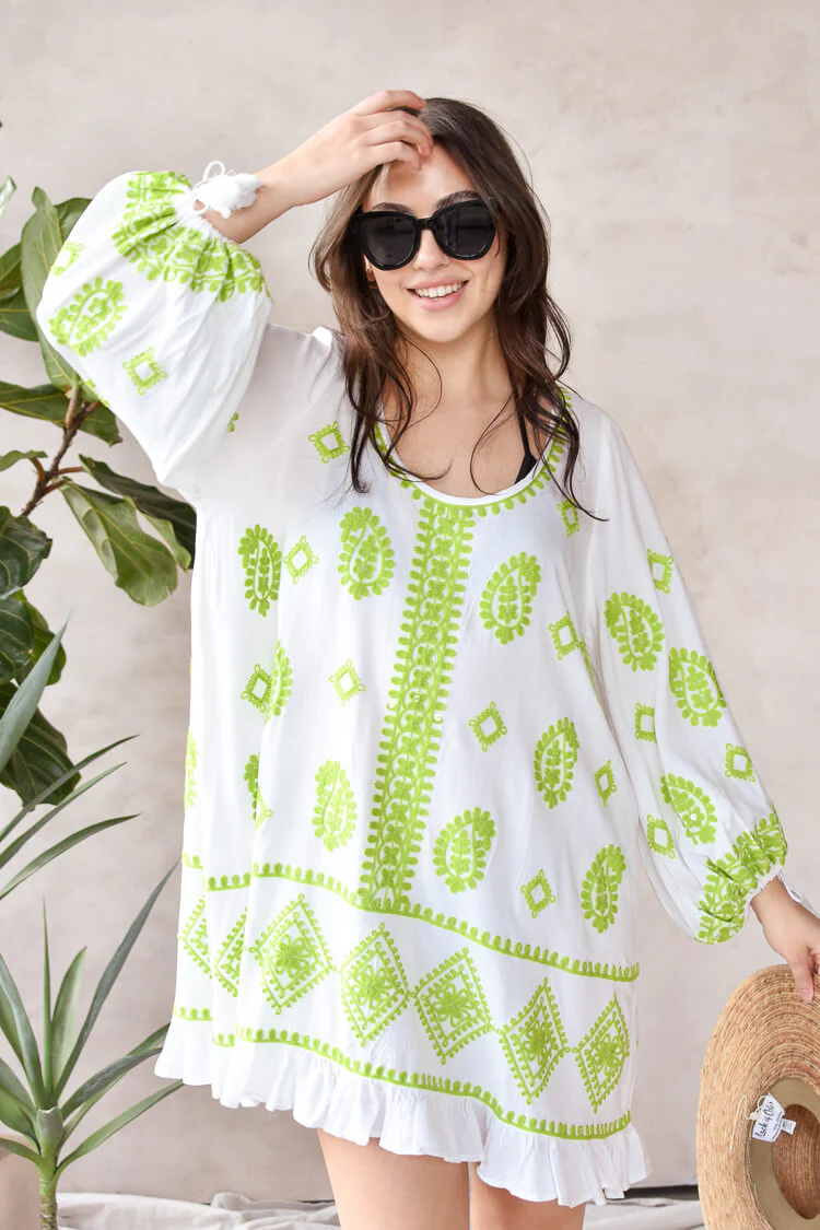 Cayman Lime Embroidered Scoop Neck Beach Cover-Up - FINAL SALE