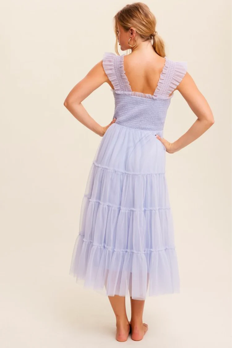 Fiori Short Blue Tulle Tiered Midi Dress - FINAL SALE
