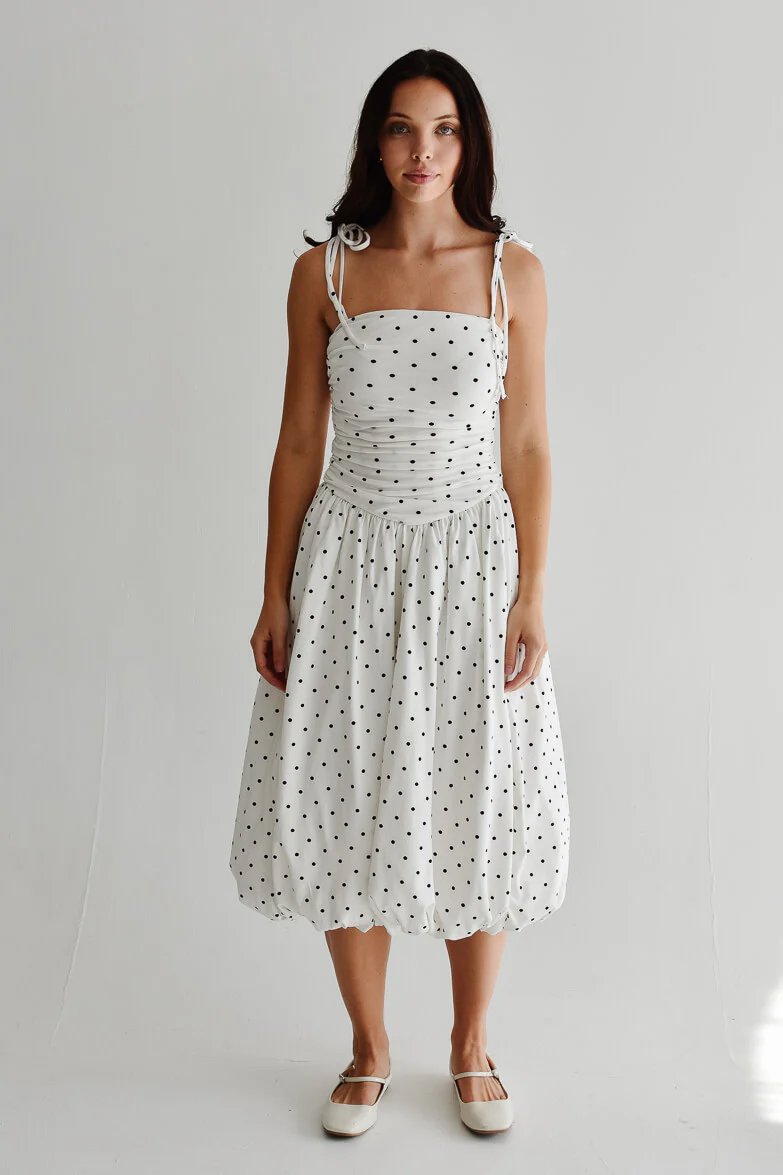 Paige Polka Dot Dropwaist Midi Dress - White - FINAL SALE